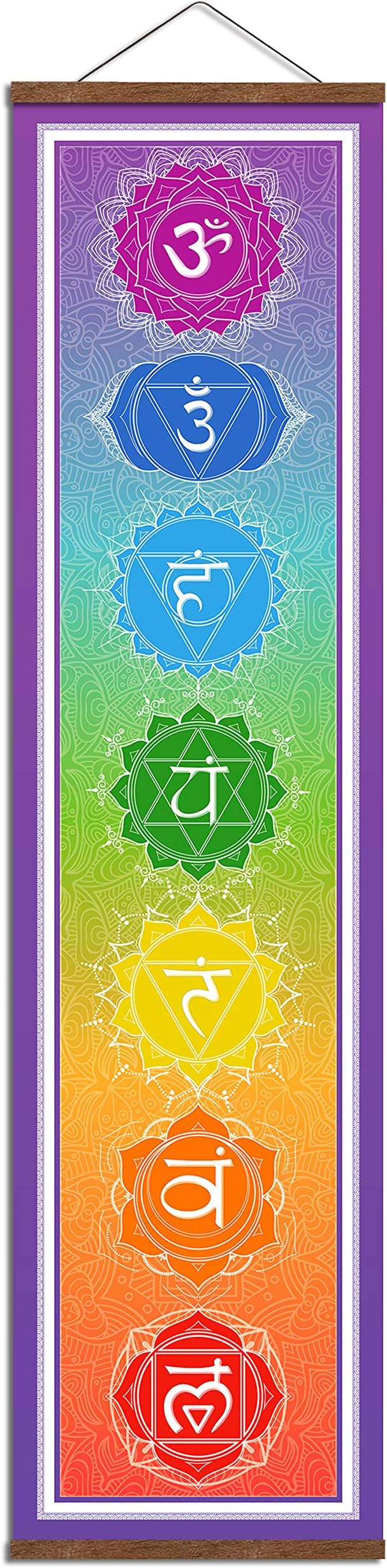 Large 7 Chakra Mandala Hanging Tapestry Yoga Meditation Banner Scroll Wood Frame Poster Wall Decor Painting14 x 53"