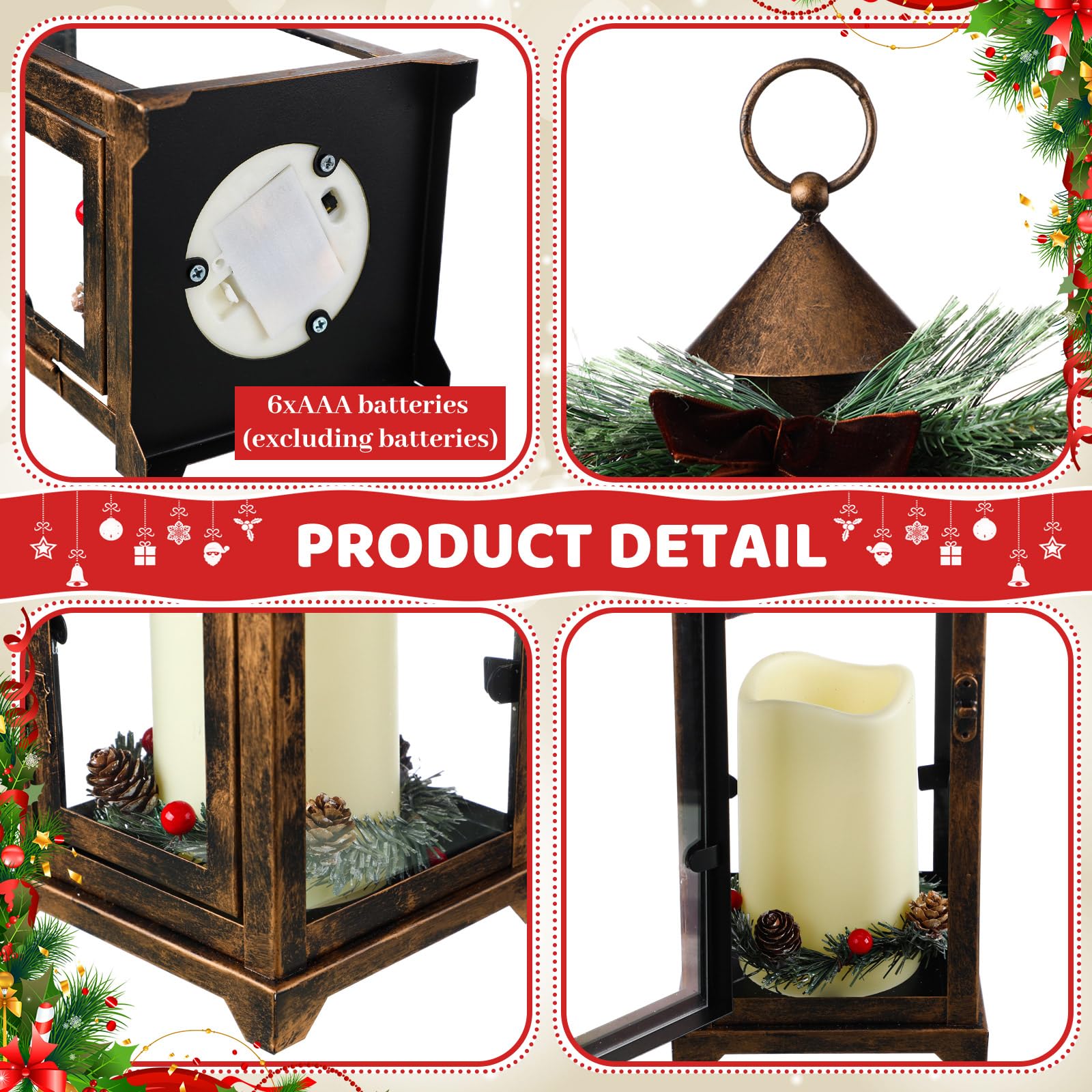 Baquler 2 faroles de metal de Navidad y velas LED falsas de 12 y 15 pulgadas, faroles decorativos con adorno de Navidad para porche, decoración interior al aire libre, regalo de fiesta (bronce)