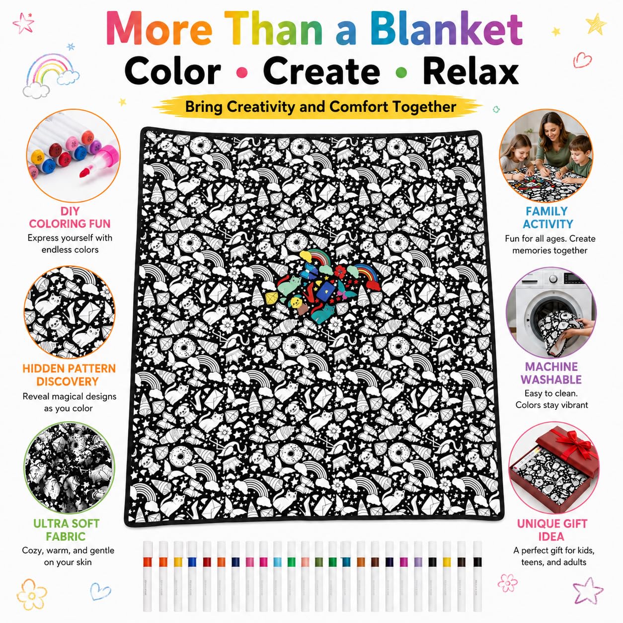 VEELU Coperta da Colorare con Pennarelli per Tessuti 150x115 cm, Coperta Colorabile con 24 Pennarelli Inclusi per Adulti e Bambini, Regalo Originale per Famiglia e Amici