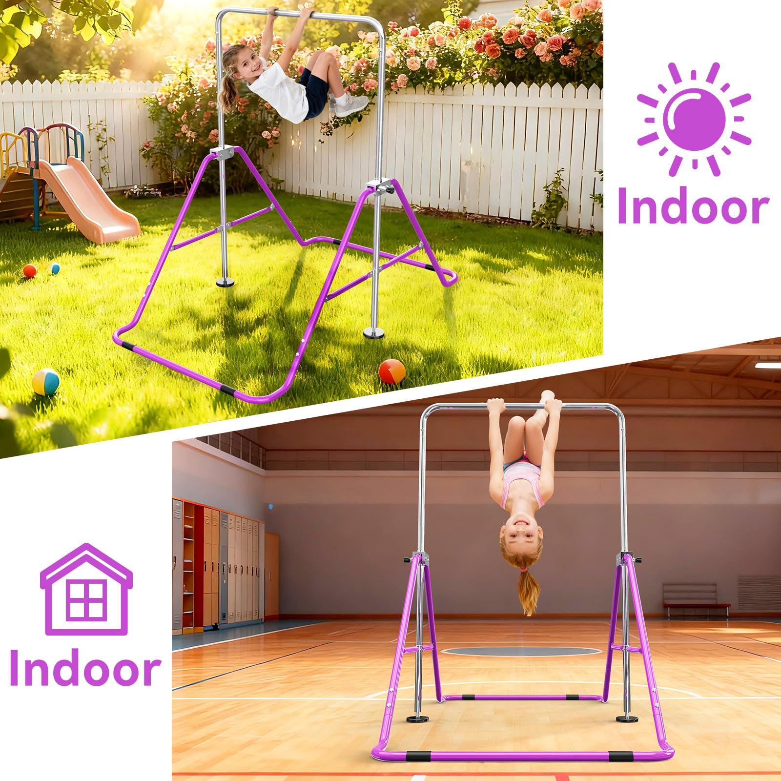 Barra de Gimnasia para Niños, Altura Ajustable y Plegable – con Anillos, Barra Horizontal para Interior, Equipo de Entrenamiento en Casa para Niñas y Niños