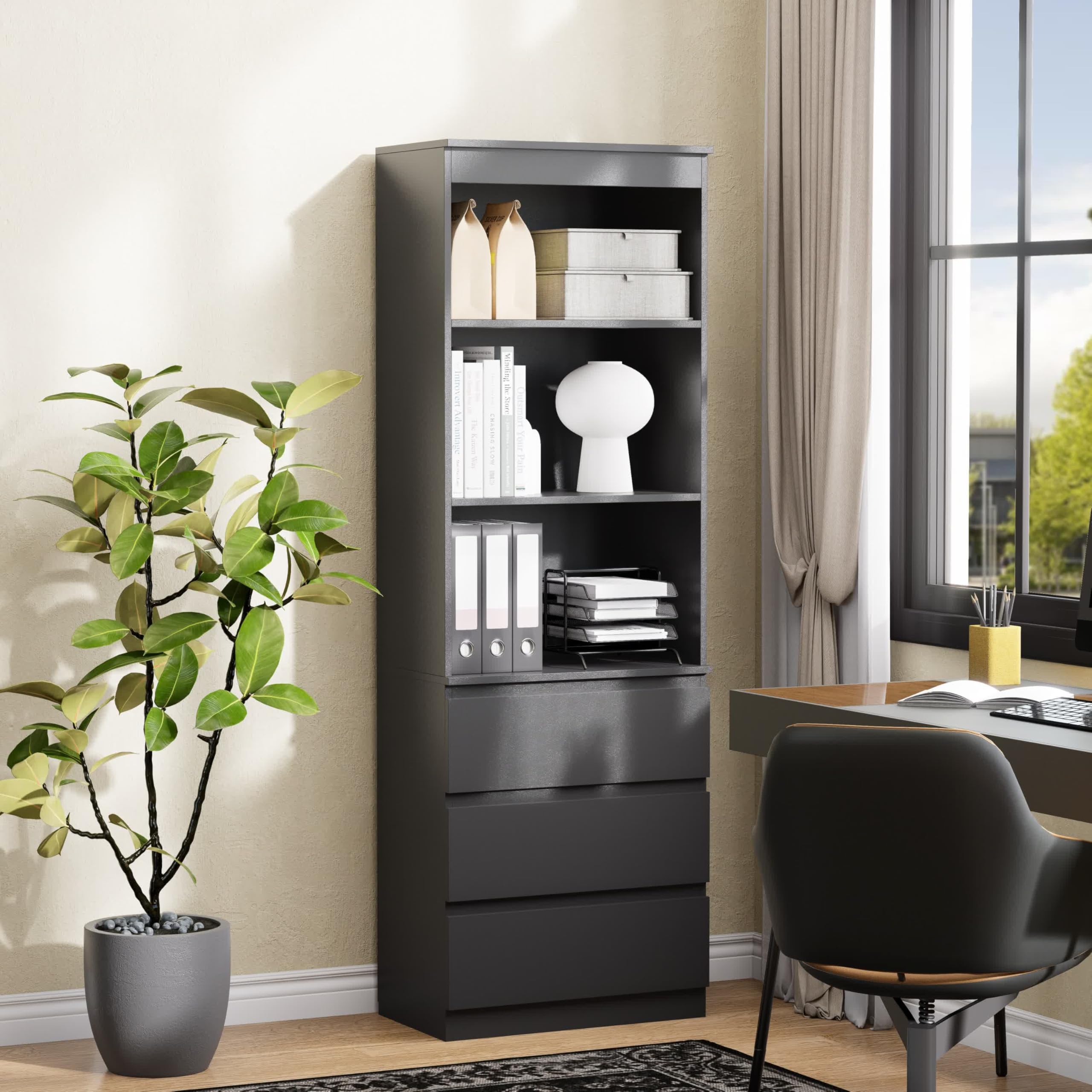 Garvis Bücherregal Hochschrank, 3 Schubladen & 3 Regale – MDF Hochregal mit Kippsicherung, 180 cm Hoch, Platzsparend für Wohnzimmer Schlafzimmer Studierzimmer (Schwarz Matt)