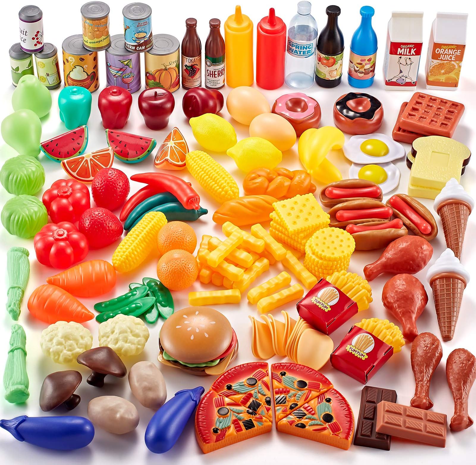 Shimfun 143 Piece Play Food for Kids Kitchen - Toy Assortment - Pretend Food for Toddler - Bonus Water Bottle + Deluxe Color Box Packaging + Storage Bag