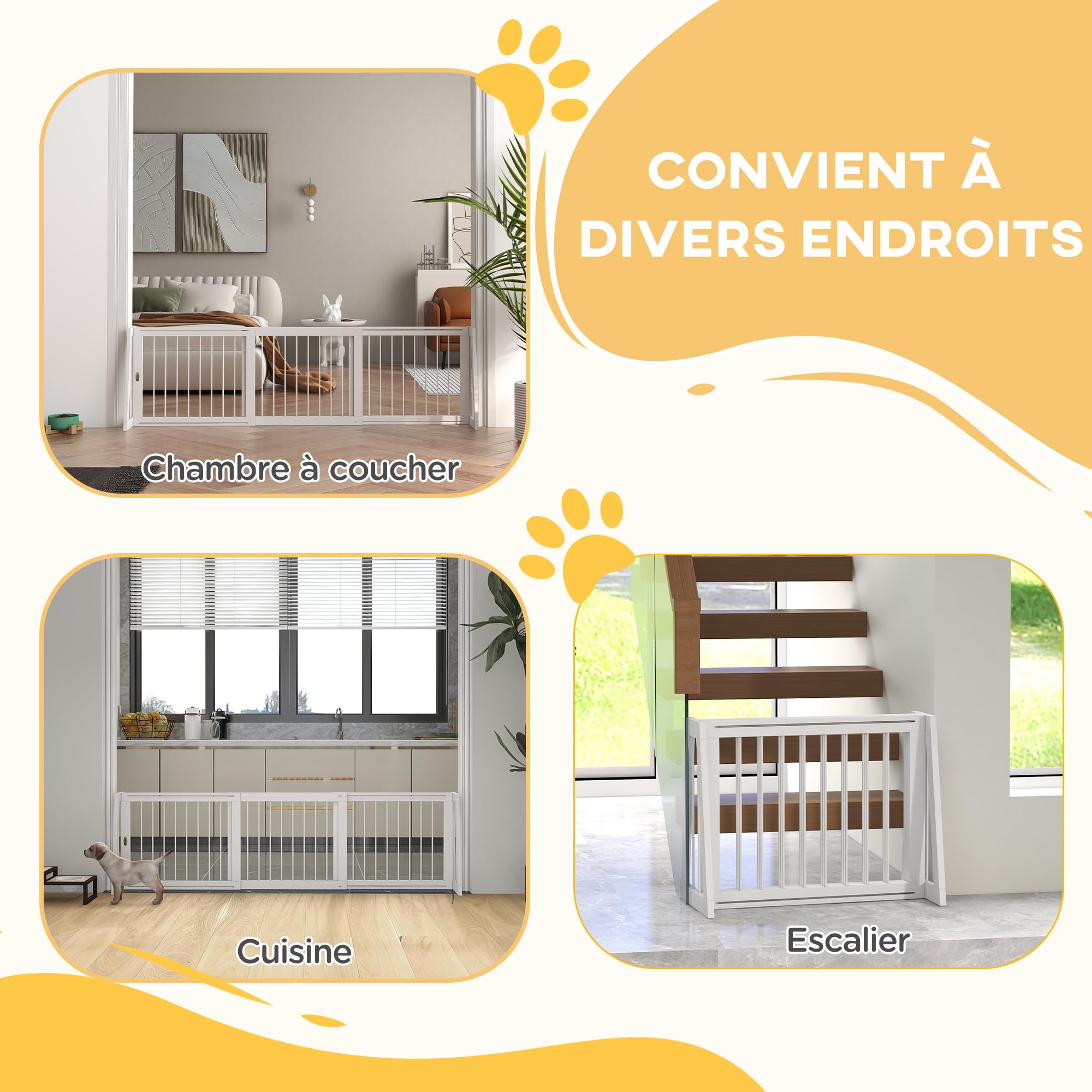 PawHut Barrière de Sécurité pour Chien Bois 71-190L x 38,5l x 56H cm Blanc