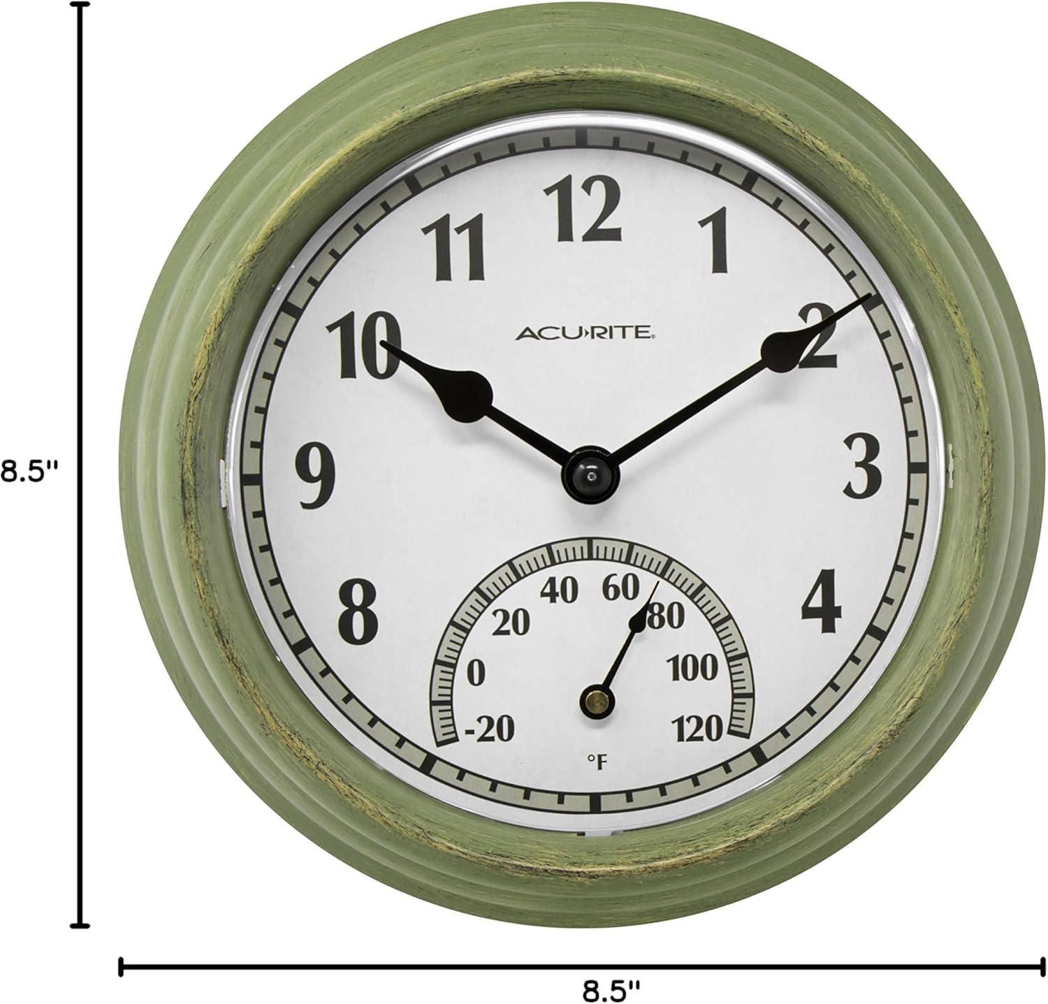 Rustic Green 8.5" Outdoor Analog Wall Clock with Thermometer