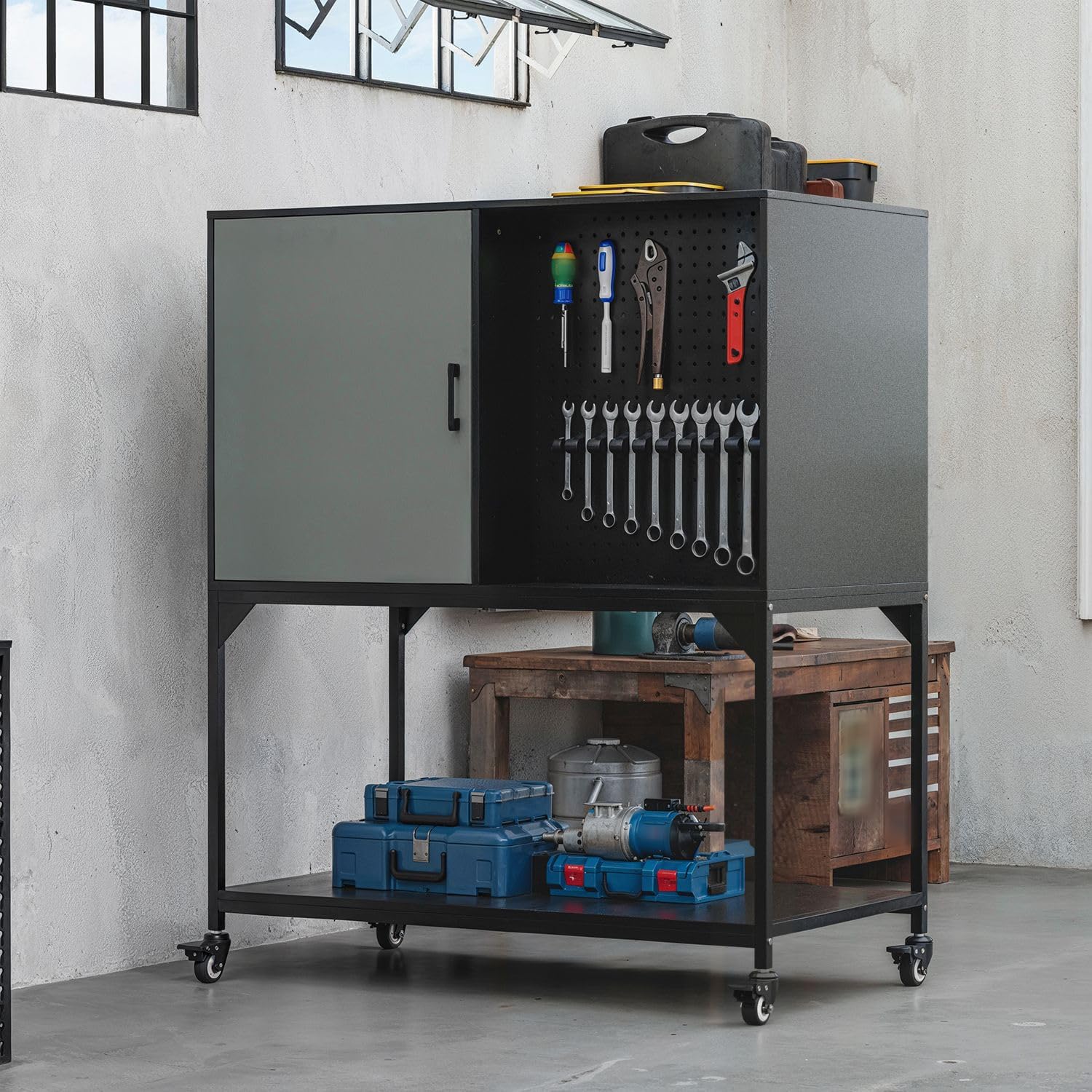 Lovinouse Black Garage Storage Cabinet with Wheels and Doors, Rolling Tool Chest Cabinet with Storage Drawers and Removable Garage