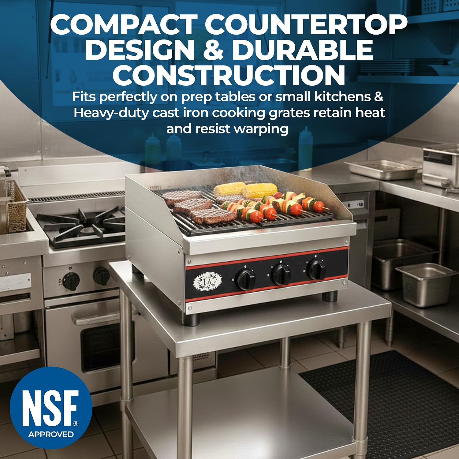 Express-KitchQuip 24" Commercial Countertop Gas Charcoal Broiler – 2 Burner Charbroiler, 40,000 BTU, Stainless Steel, 24"L x 24"W x 13"H – For Restaurant, Food Truck, Grill
