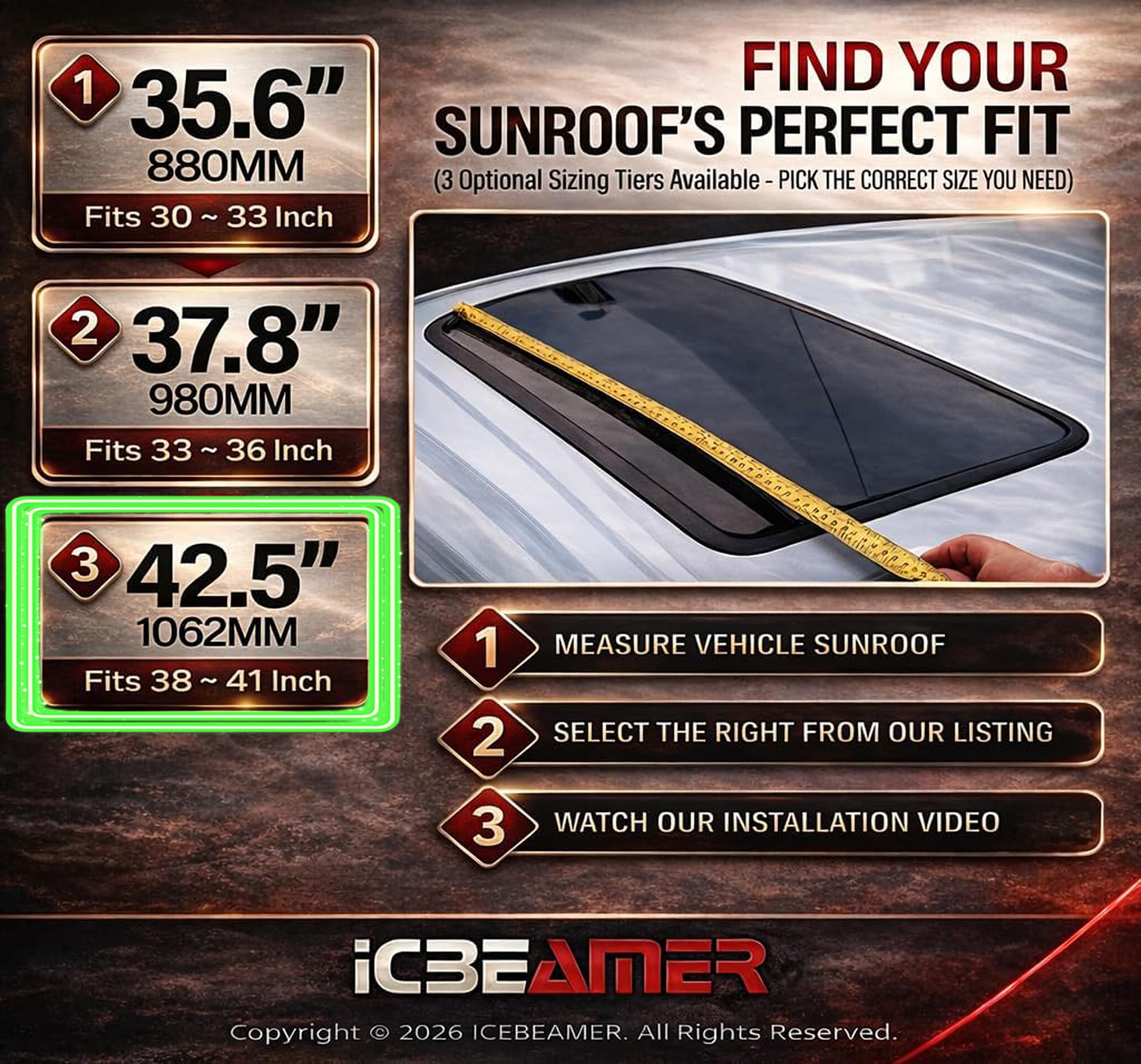 ICBEAMER 42.5" 1062mm Sunroof Wind Deflector,Universal Fit Tinted Moonroof Visor for Deflecting Noise, Rain and Windy Weather, Car Accessories Sun Shade Dark Smoke Smooth/Waterproof Double Side Tape