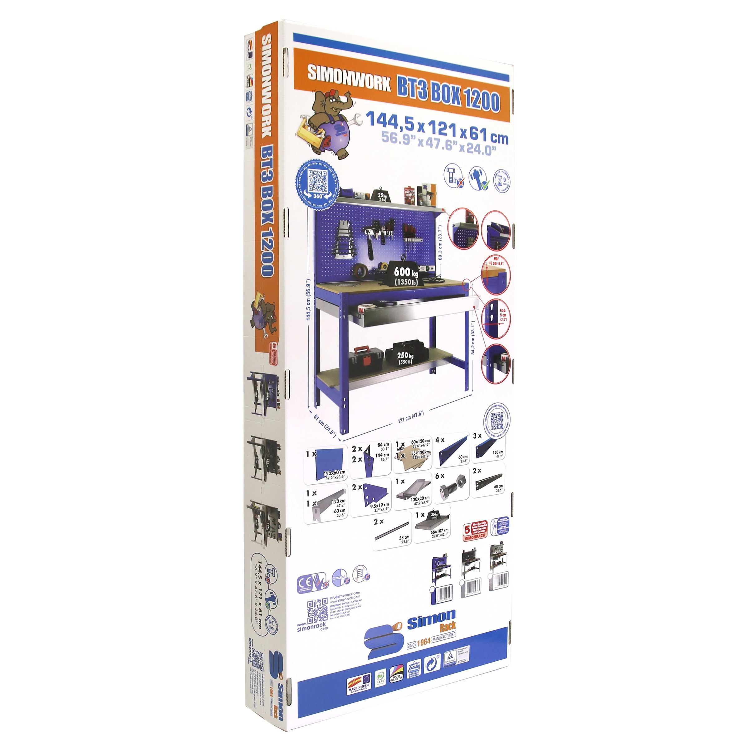 Simon Rack Banco da lavoro per officina, capacità di carico 600 kg, 1445x1210x610 mm, Pannello Forato, Ripiano per cassetti, Tavolo da lavoro fai da te, Blu/Legno - BT3