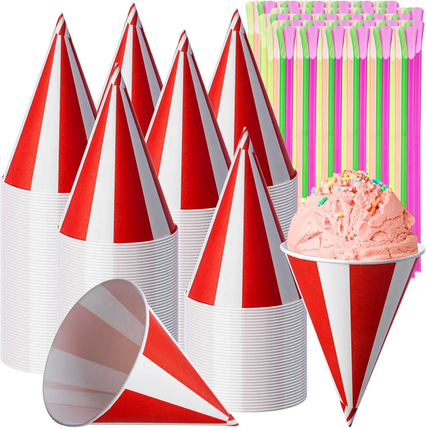 1000 Pack Carnival 6 Oz Snow Cone Cups Bulk with Straws Red White Striped Ice Cream Cups Circus Party Decorations for Carnival Summer Gatherings