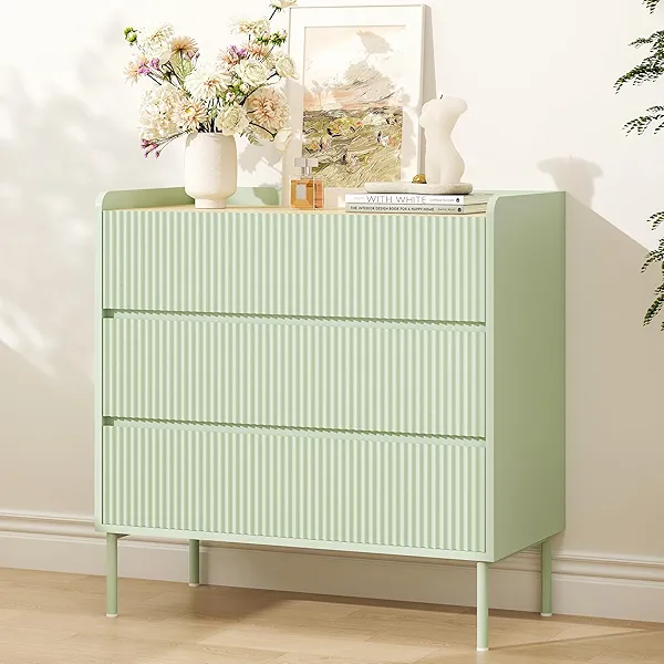 karlott Green 3 Drawer Dresser for Bedroom, Fluted 31.5" Modern Tall Dressers & Chests of Drawers, Wide Bedroom Dresser, Chest of Drawers for Living Room, Entryway, Closet