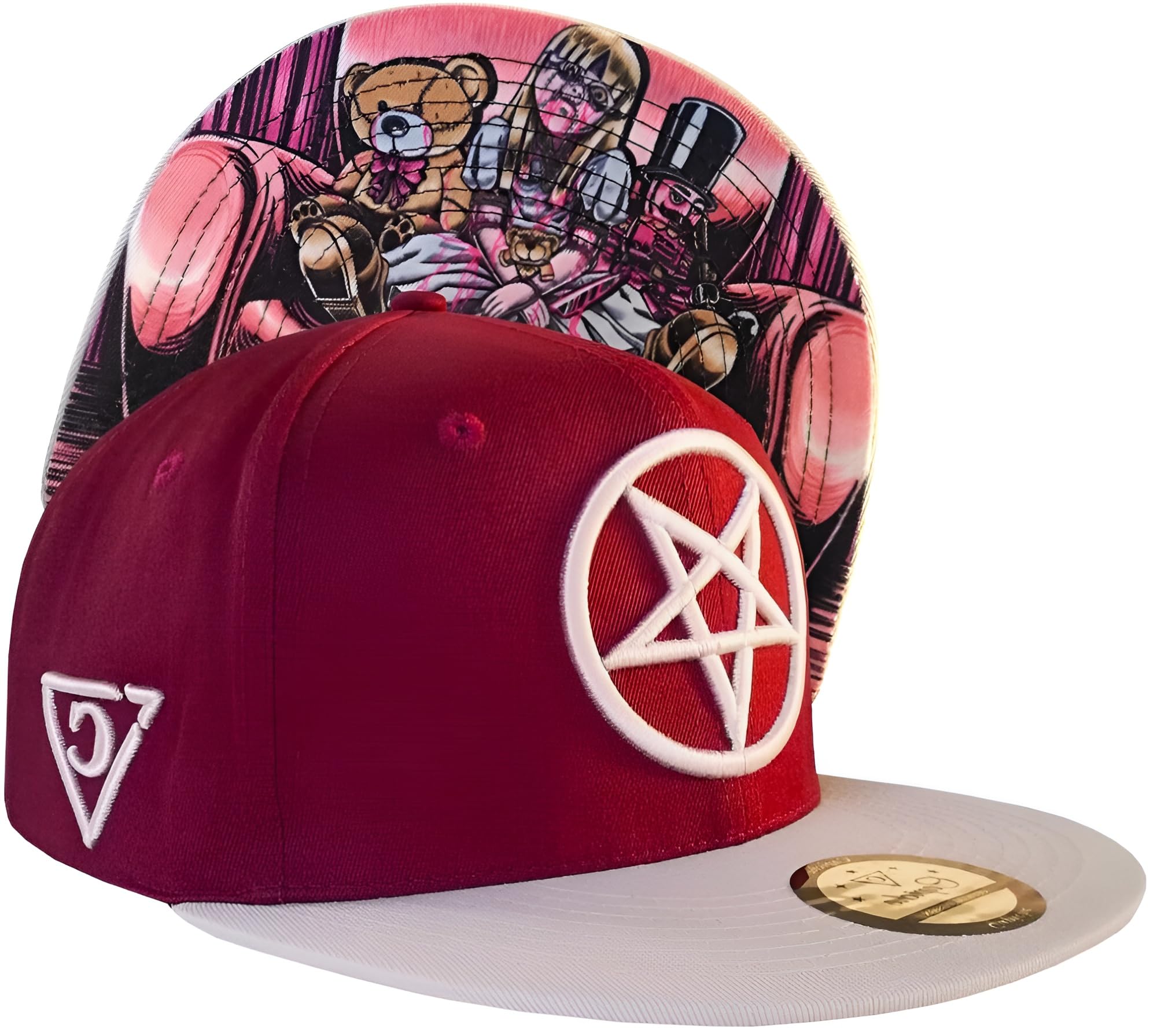Capiche [99+ Variations] Red and White Baseball Cap for Men, Cursed Dolls, Scary Snapback Hat Unisex, Pentagram Front Logo in Beige Embroidered. Teddy Scarred Horror Theme