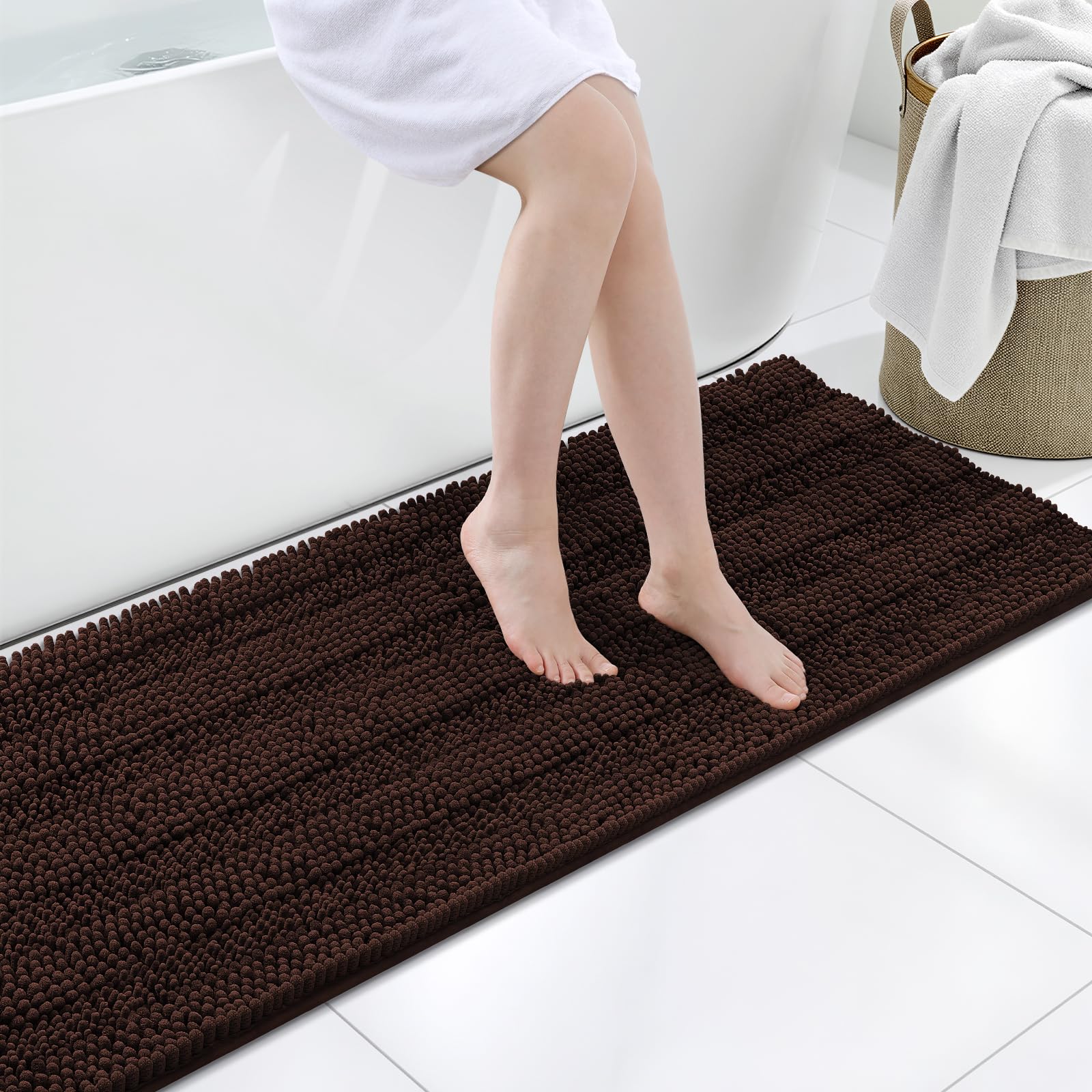 Grandaily Chenille Bathroom Rugs 59x20, Soft Bath Mats, Dark Brown