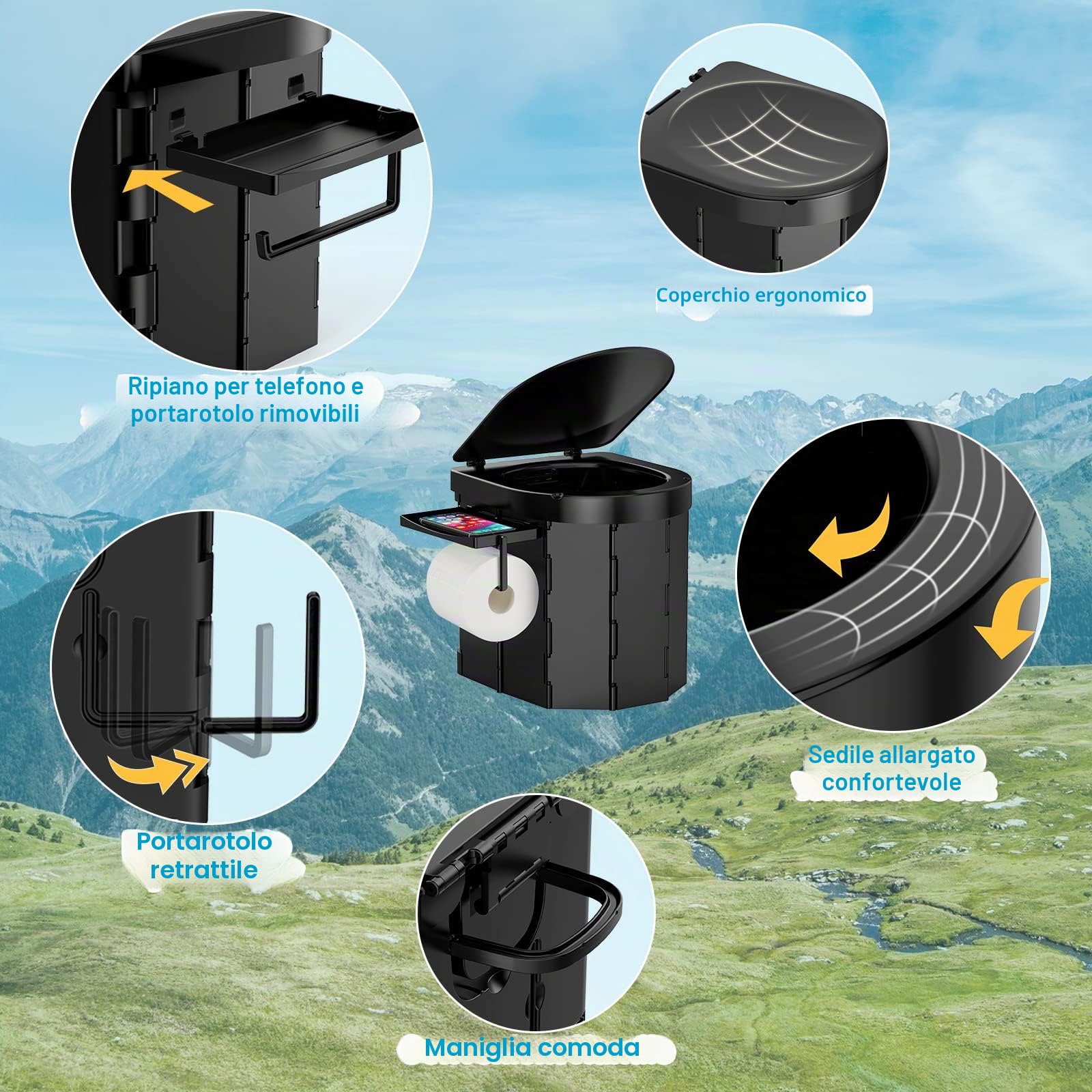 PAHTTO Toilette portatile da campeggio, WC pieghevole per adulti con ripiano staccabile per telefono e porta carta igienica, vasino porta con coperchio (nero)