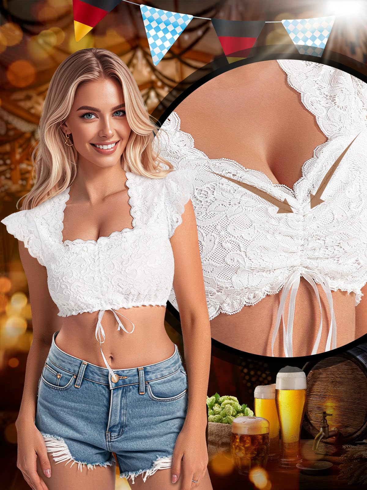Dirndl Bluse Damen Dirndlbluse Spitze Flügelärmel Weiß Dirndlblusen Kordelzug Bluse Dirndl Trachtenbluse für Oktoberfest