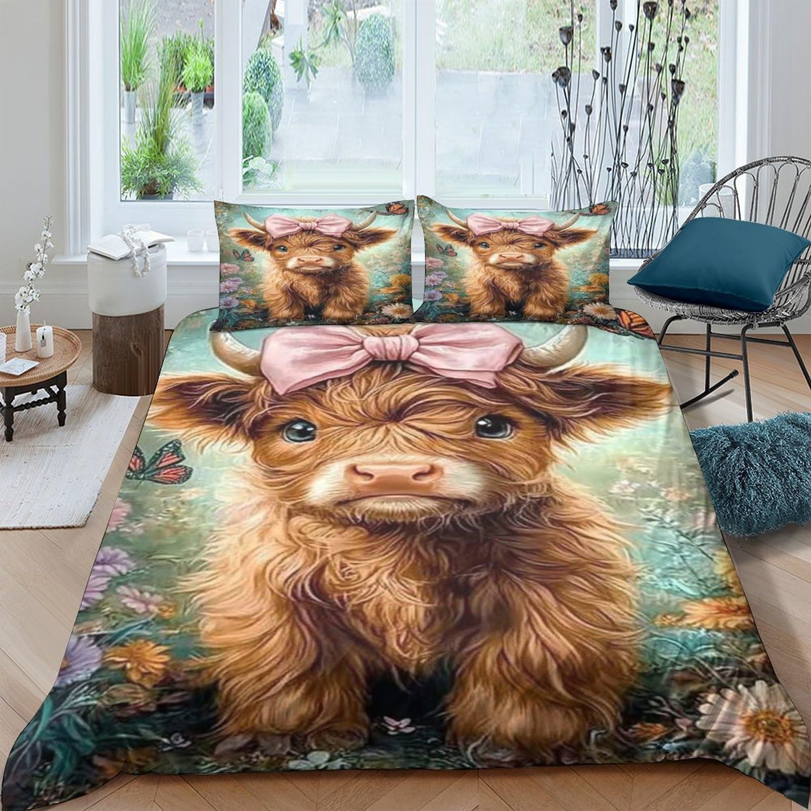 Ctjqhvkz Style-6 3D Printed Highland Cow Fitted Sheet Microfiber Cute Bow Forest Art Mattress Cover Bedroom Decor Gift Single（135X200cm）