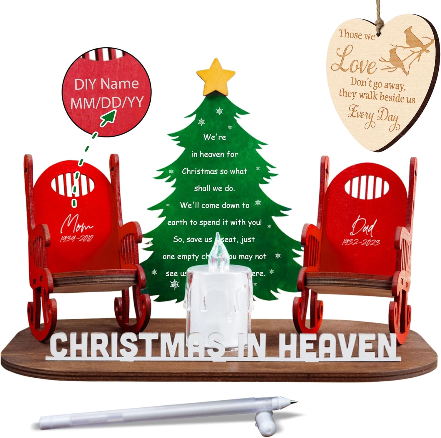 Memory Christmas in Heaven Wooden Candle Holder, Sympathy Gift for Loss of Mom Dad Grandpa Grandma Xmas Tree Personalized Name Decoration Christmas in Heaven Rocking Chair Keepsake Bereavement Gift