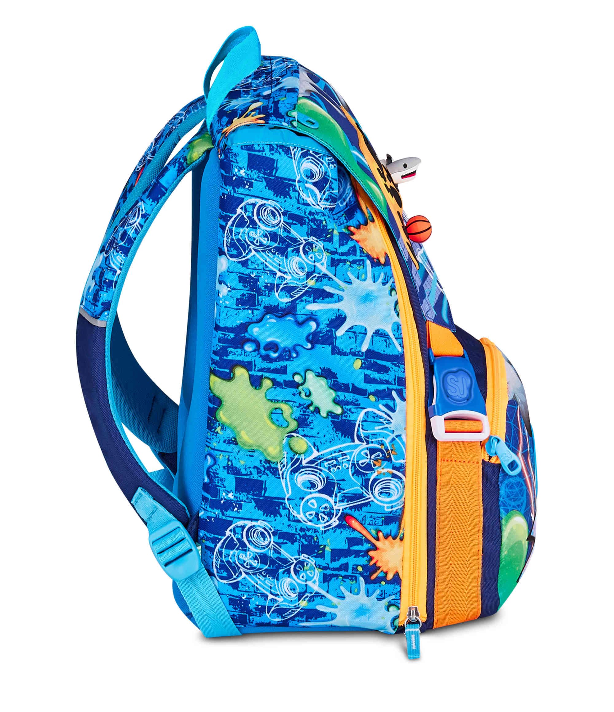 SJ GANG STYLE JAM GANG Zaino Scuola Estensibile JOYFUL PINS BOY, Blu, 24L, Zip Laterali, Inserto controller in gomma e pins amovibili, Tasca frontale, Tasca portaborraccia, Scuola elementare, Bambino