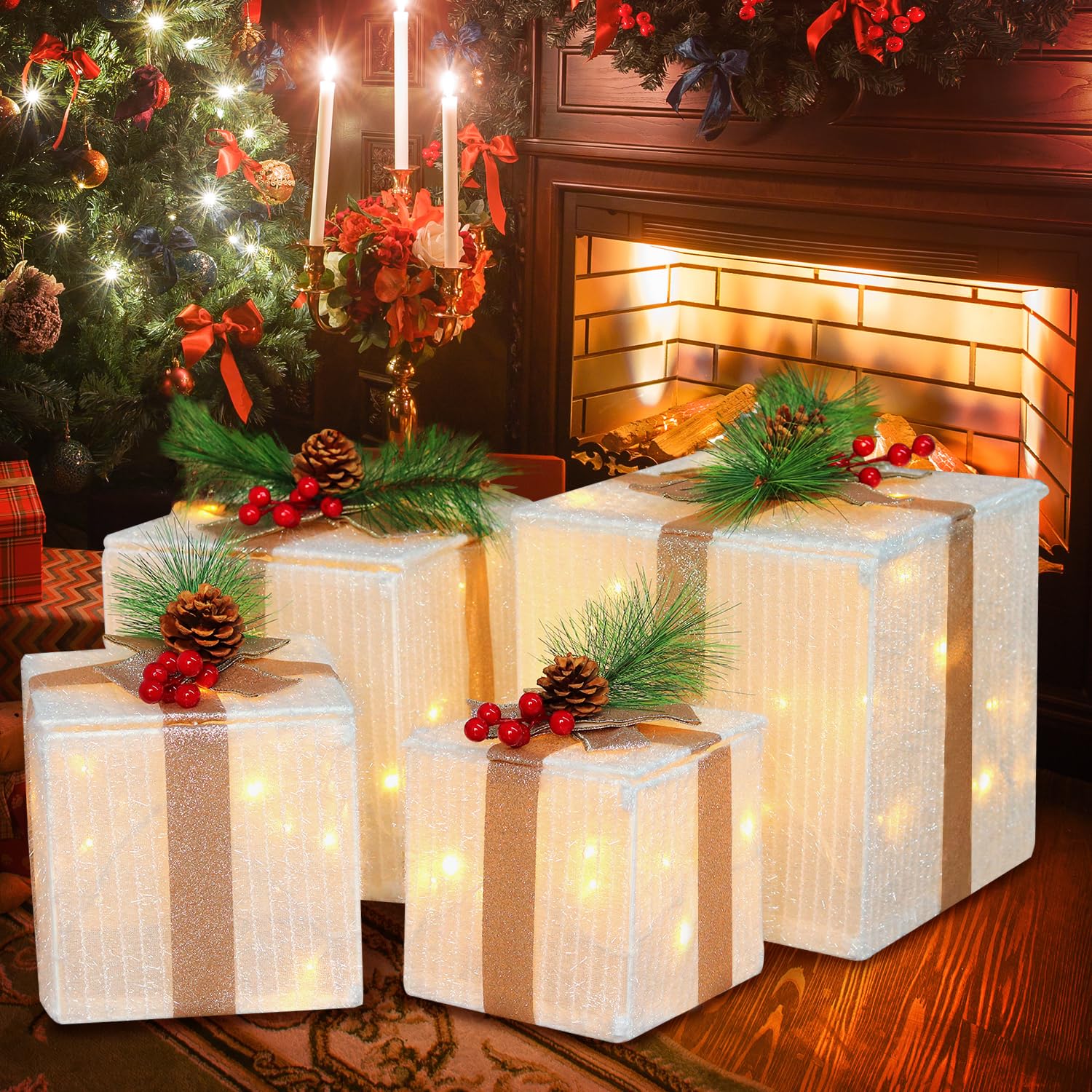 Set of 4 Christmas Lighted Gift Boxes, 70 Led Light Up White Iron Frame Present Box with Pine Cones Bows for Christmas Tree Party Yard Holiday Indoor Outdoor Decoration