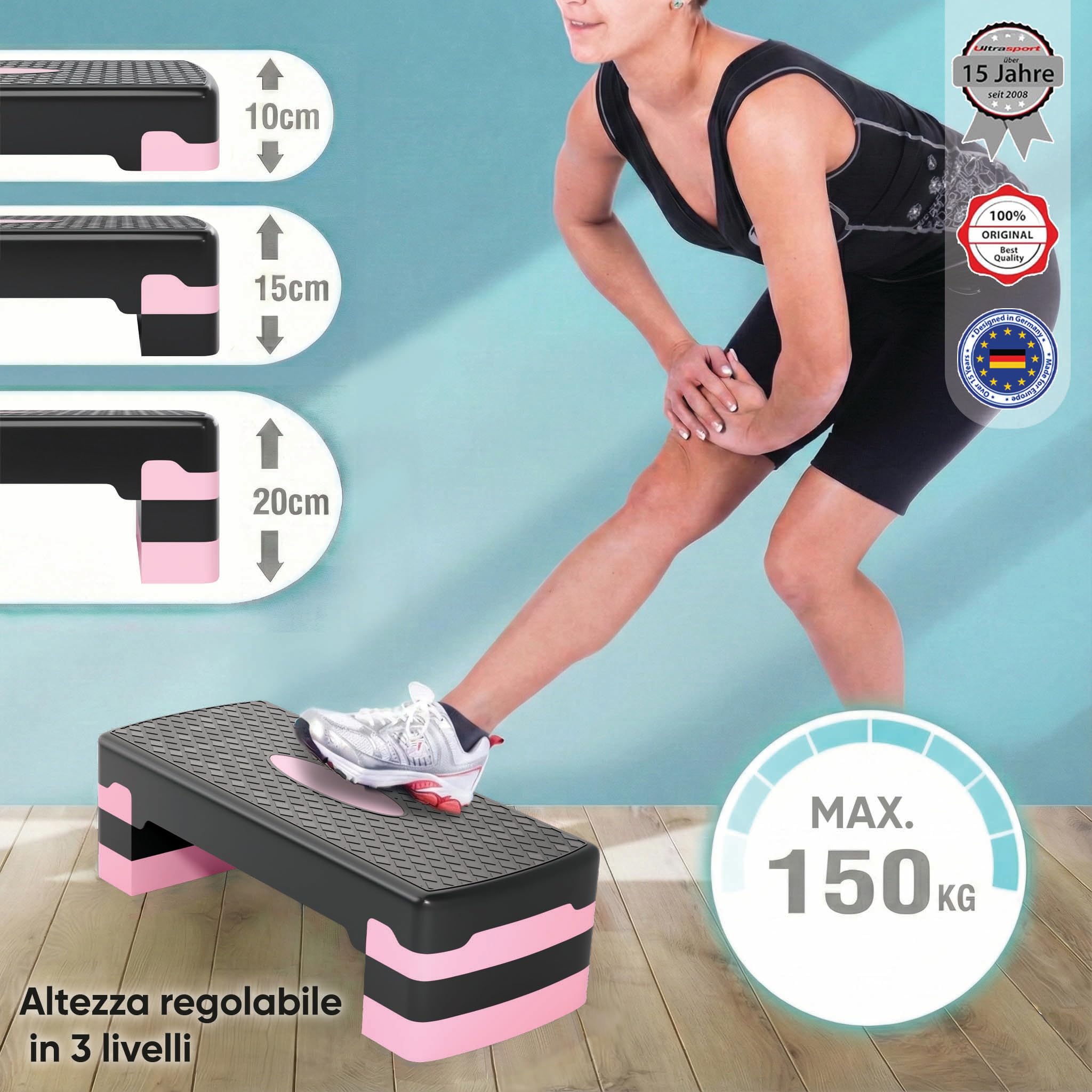 Ultrasport Step Fitness Aerobica Stepper Casa Antiscivolo Regolabile 3 Altezze Stepboard 68 x 28 cm Rosa