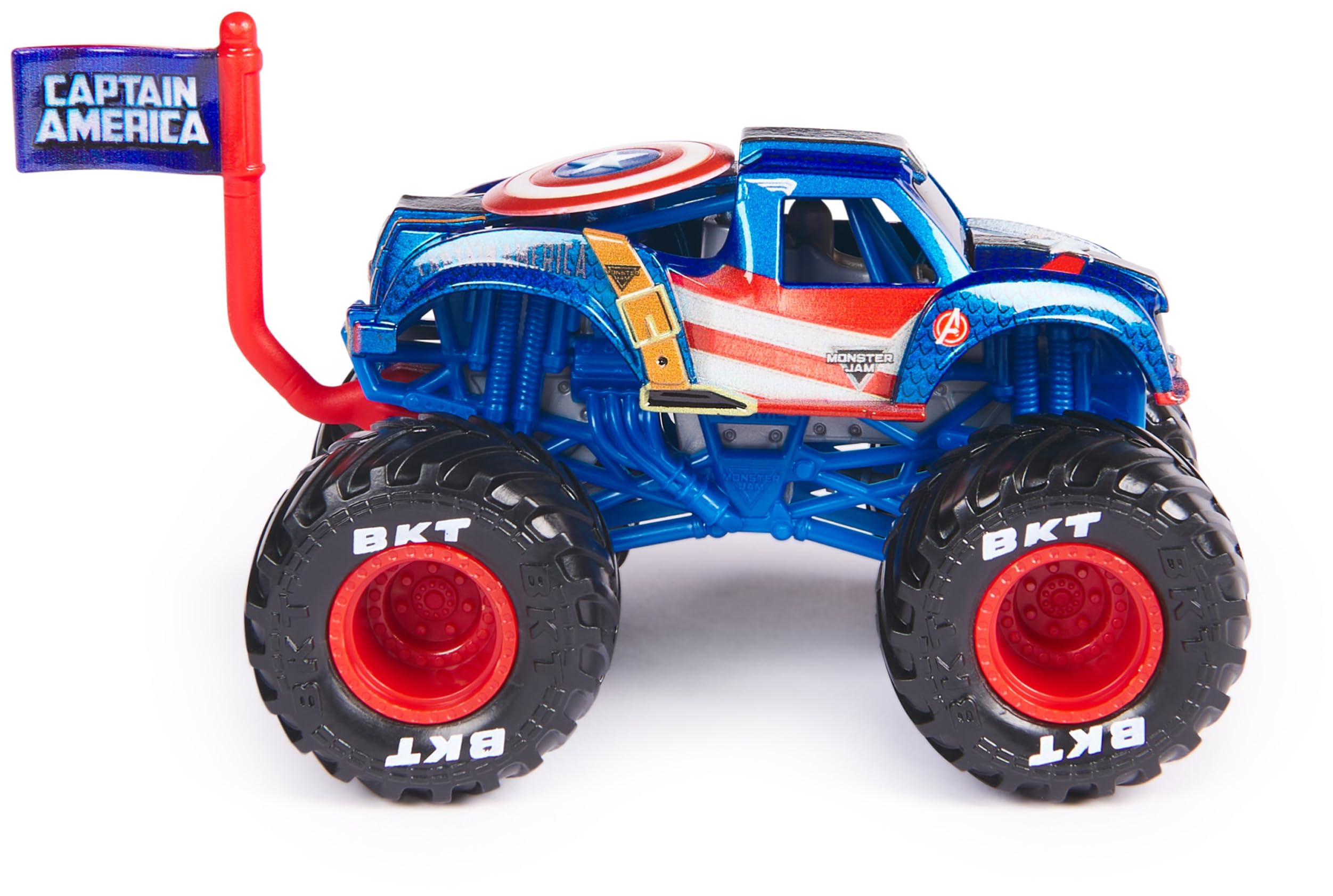 MONSTER JAM, Veicolo Die-Cast Ufficiale Marvel Captain America, in Scala 1:64, Giocattoli per Bambini, 3+ Anni