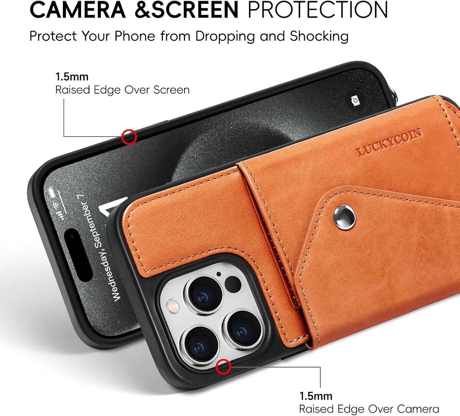 LUCKYCOIN Genuine Leather Crossbody Wallet Phone Case for iPhone 15 Pro Max image 3