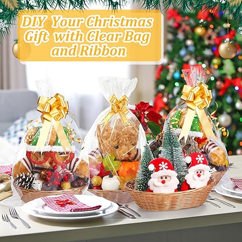 Miniatura 6 de Cholemy 61 rollos de celofán transparente de Navidad de 31.5 pulgadas x 164 pies con lazos de tracción para envolver regalos con 60 lazos de cinta