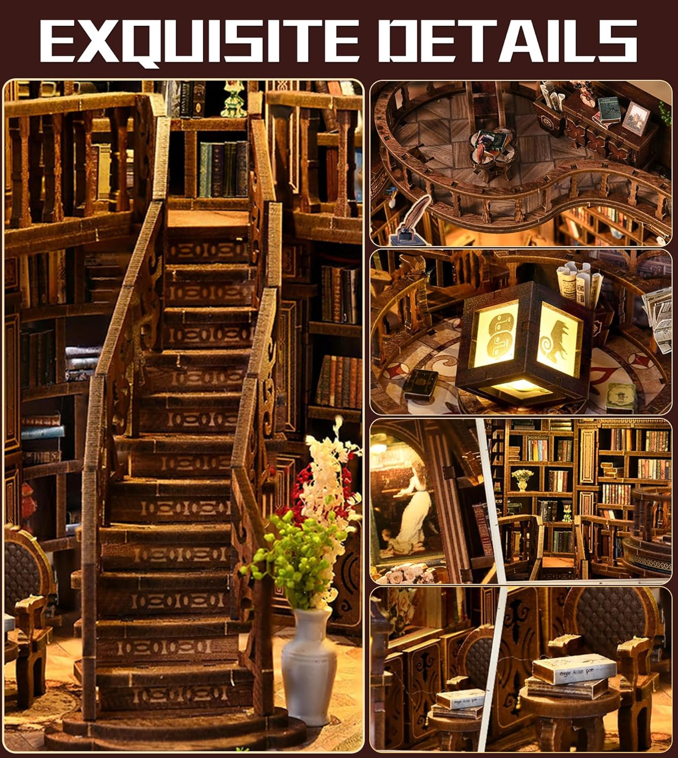 DIY Miniature House Kit, Book Nook kit Dreamy Book Hall 3D Wooden Puzzle with LED Lights, House Building Kit for Home Decoration and Creative Gift for Women Men Friends(Dreamy Book Hall)