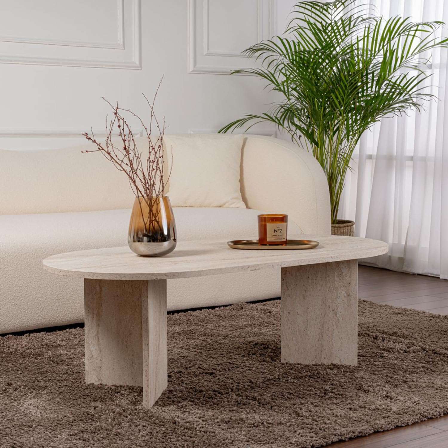 CONCEPTO FÁBRICA | Mesa baja ovalada 119 x 60 cm Acabado Travertino LYU | Elegancia Mineral y Estilo Natural | Madera Melaminada resistente | Diseño suave y contemporáneo | Salón Mediterráneo o