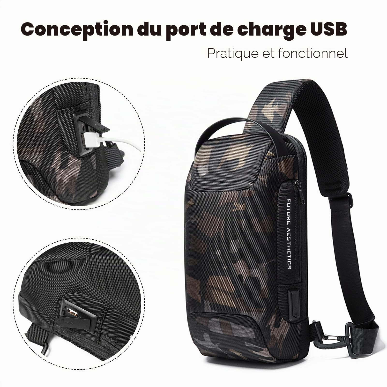 FANDARE Sac de Poitrine Sling Crossbody Bag avec USB Homme Femme Affaires Sacoche Grande Sac d'Epaule Garçon Sacoche de Ceinture Sac Bandoulière pour Voyage Randonnée Cyclisme Jogging Durable