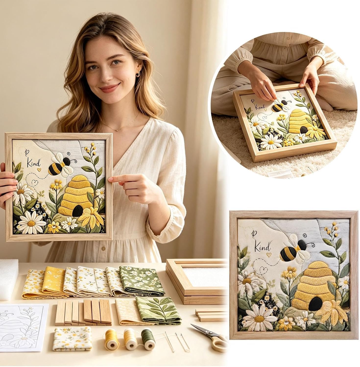 Kinusaiga Fabric Art Kit | Kit Poke 3D per Ape in Tessuto DIY | Arte Murale a Mosaico Premium Senza Cucire con Cornice e Attrezzi | Progetto Creativo a Mano