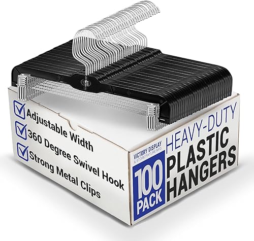 Miniatura 1 de Perchas de plástico negro súper resistentes para faldas o pantalones de 14 pulgadas de ancho con gancho giratorio y clips ajustables (cantidad 100)