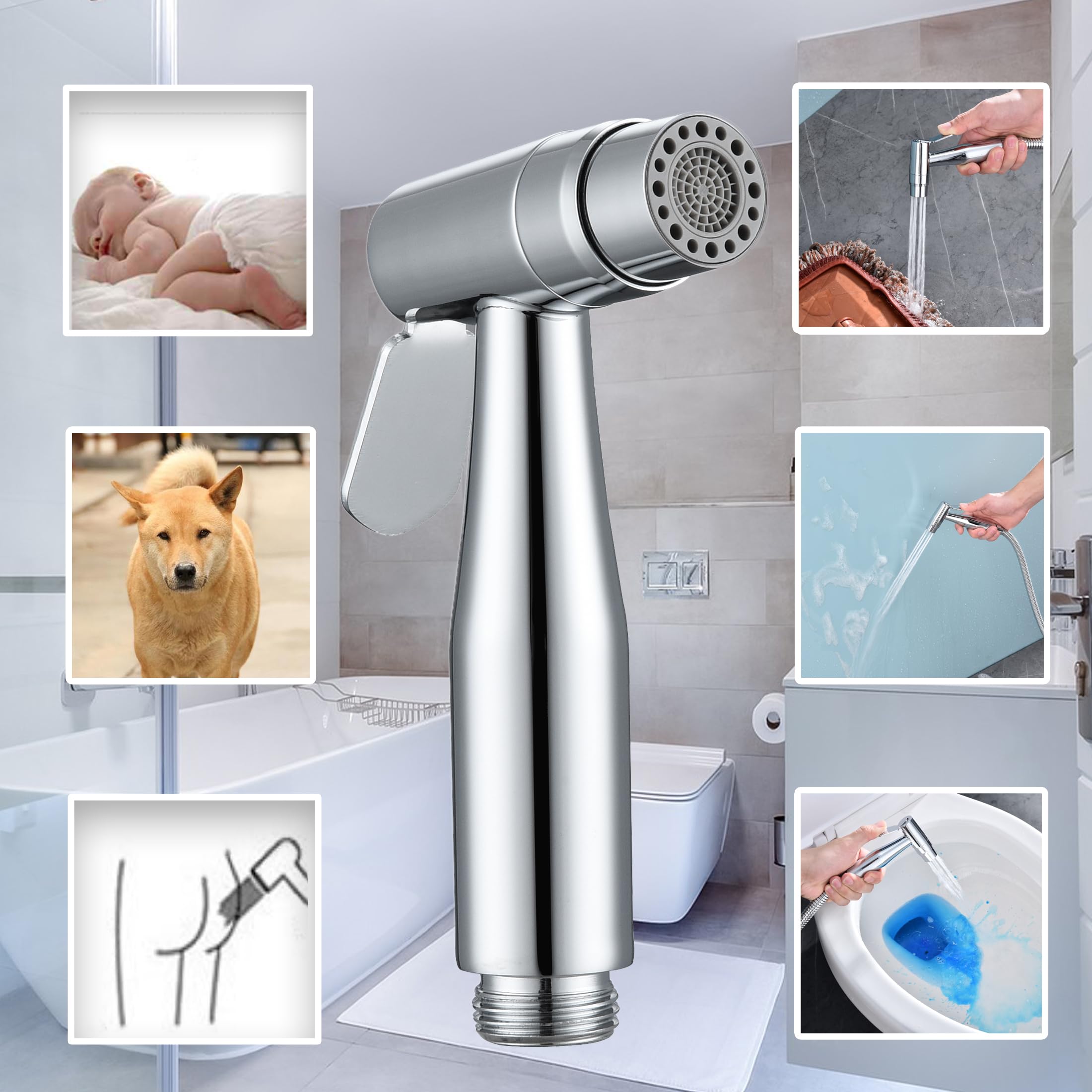 Chrome Handheld Bidet Sprayer For Toilet Warm Water, WiPPhs Stainless Steel Polished Silver Bidet Hand Held Sprayer With Brass Hot And Cold Mixing Valve, WI9138CP