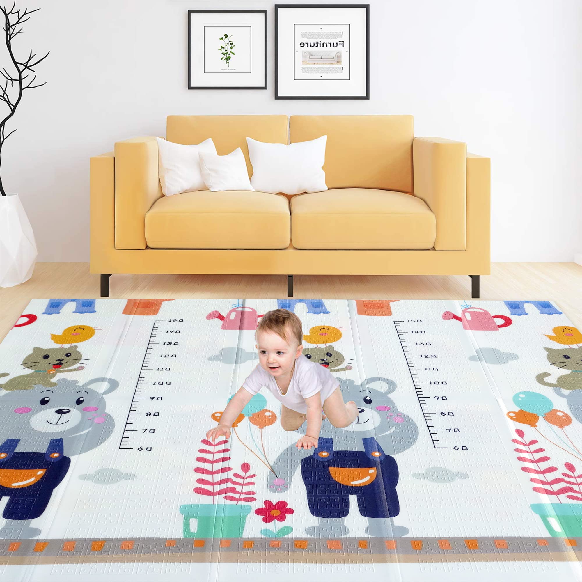 MAGIFIRE Double-Sided Reversible Multi Printed Waterproof Baby Crawling Play Mat, Non-Slip Reversible Portable with Zippered Encasement (200cm*180cm*0.5cm | Design-B, Beige)