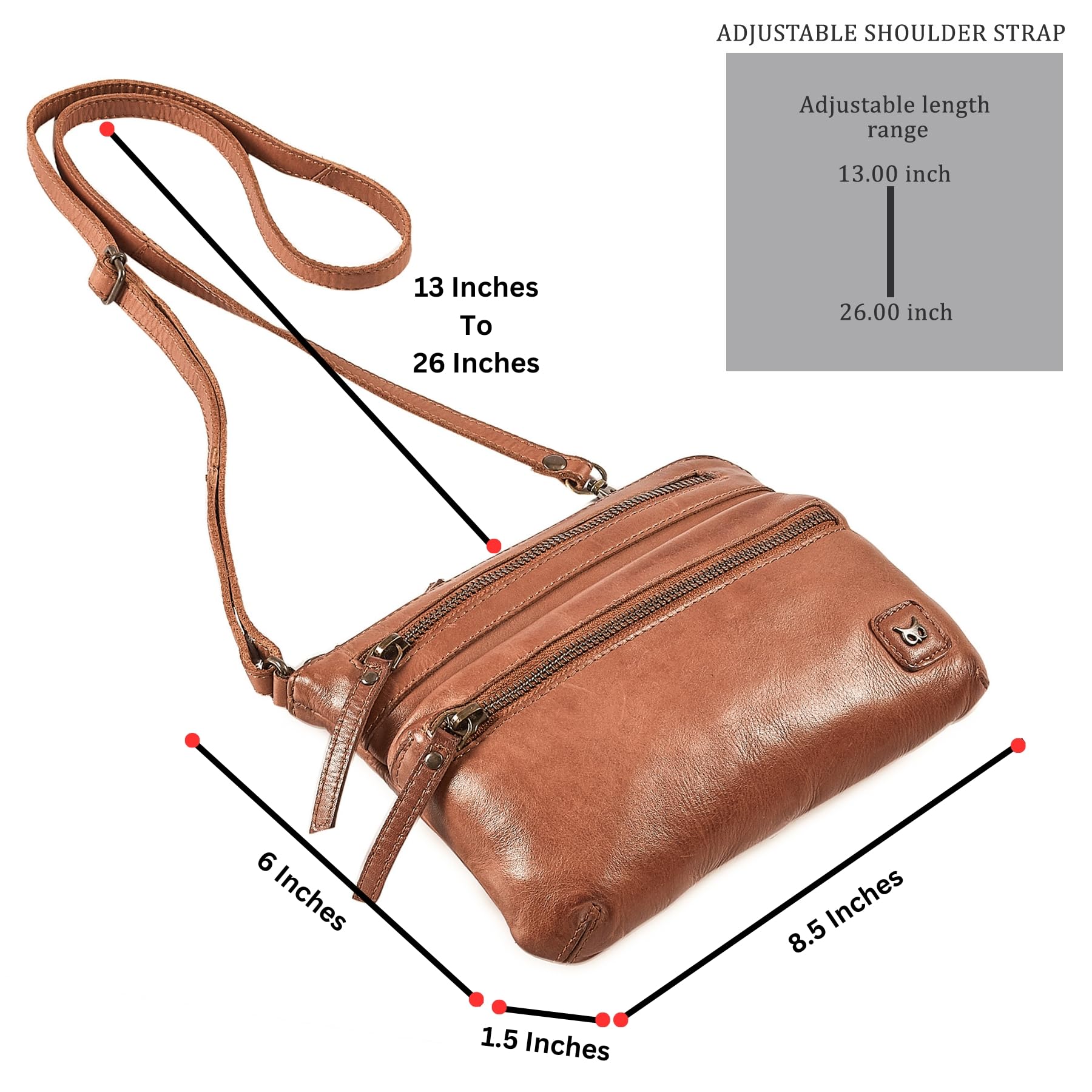 Wise Owl Accessories Bolso bandolera pequeño de cuero real con triple cremallera para mujer - Bolso bandolera cruzado vintage de primera calidad (Vintage lavado coñac)