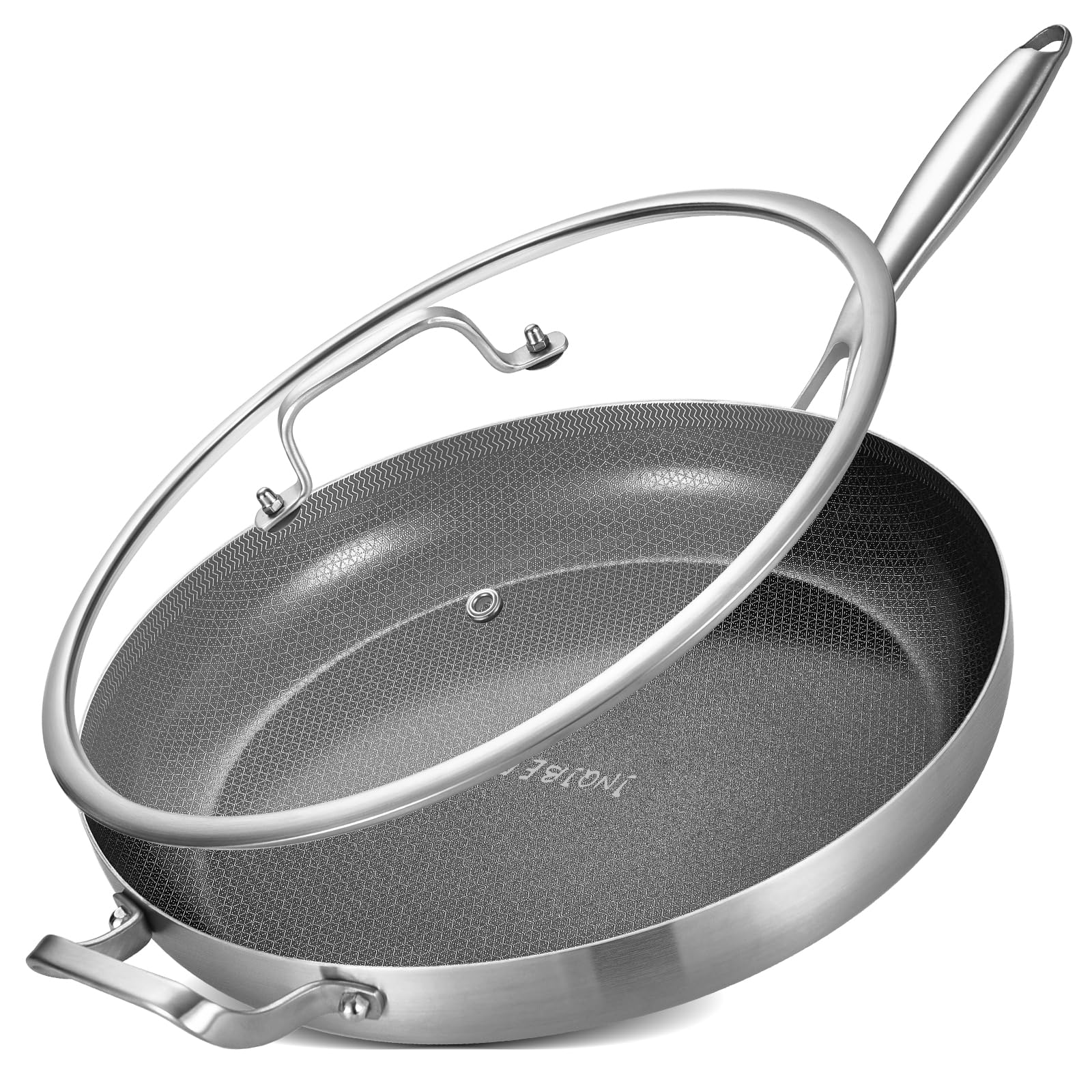 Inqibee 14-Inch Tri-Ply Hybrid Ceramic Non stick Stainless Steel Frying Pan with Lid,Large Skillet,Induction Chef's Cooking Pan,Dishwasher and Oven Safe,Detachable Handle