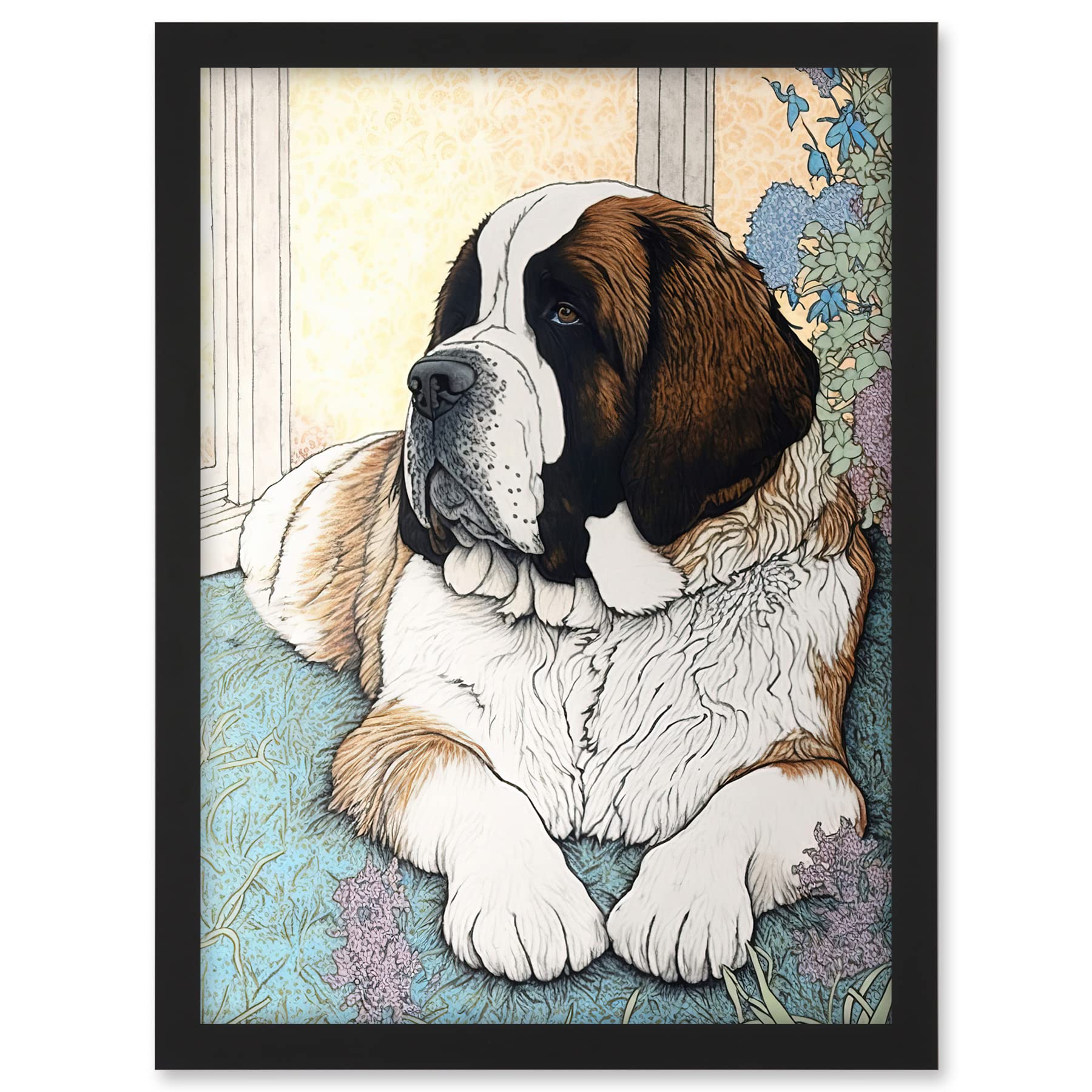 Artery8 St Bernard Dog Lying by Flower Pot Modern Bright Multicoloured Illustration Artwork Framed A3 Wall Art Print