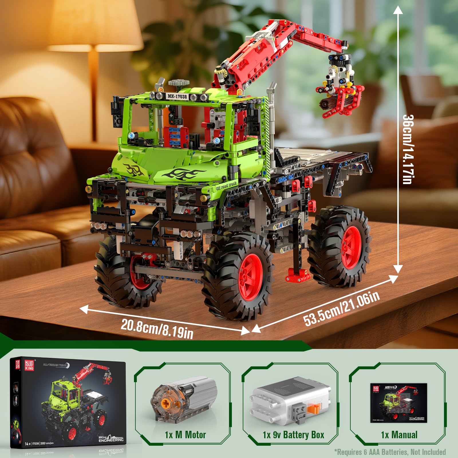 Mould King 17038 Technik LKW mits Holzgreifer Bausatz, Motor-Modell mit über 2002 Bausteinen, Konstruktionsspielzeug für Jugendliche und Sammler