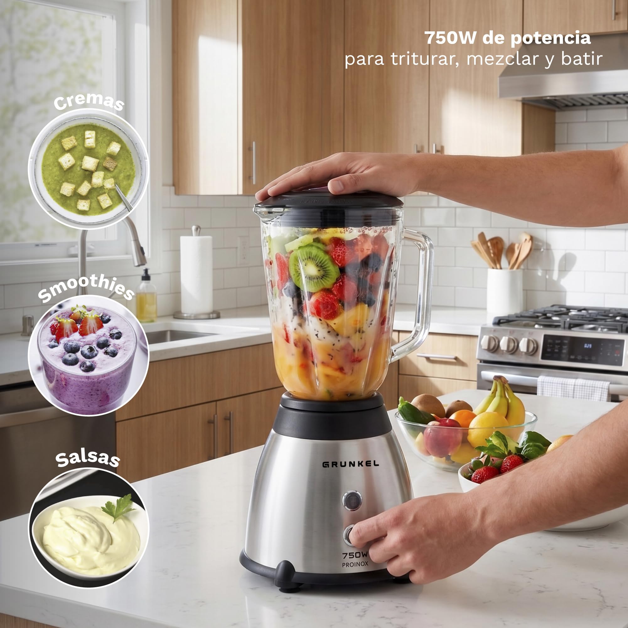 Grunkel batidora de vaso de 1 a 1,5L y de 500 a 2000W con vaso extraible de cristal. De fácil limpieza y de 2 a 4 niveles y Turbo (1,5L 750W)