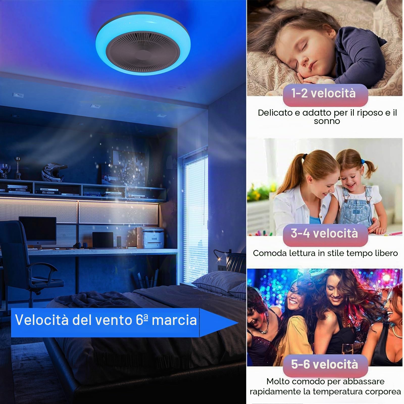 Ventilatore da Soffitto con Lampada RGB Plafoniera LED Dimmerabile Telecomando App 6 Velocità Bianco Ventilatori a Soffitto con Luce Camera da Letto Bluetooth Altoparlante Musica Plafoniere Fan