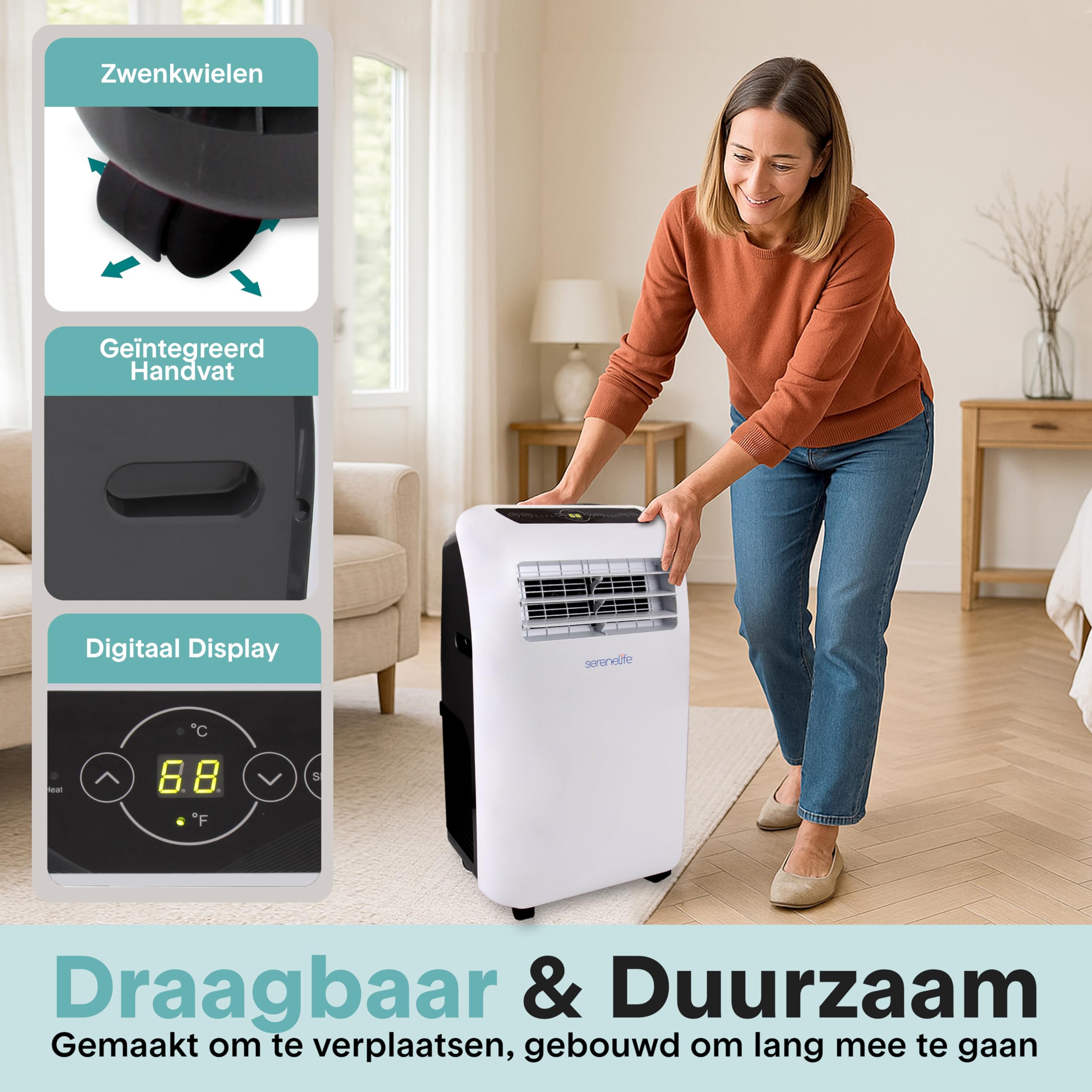 SereneLife Klimaanlage mobil 4-in-1: Luftkühler, Ventilator, Luftentfeuchter + Heizung – Tragbares Klimagerät mit Abluftschlauch, Fernbedienung & Kit für Räume bis 42 m² – Fenster-Montage 9,000 BTU