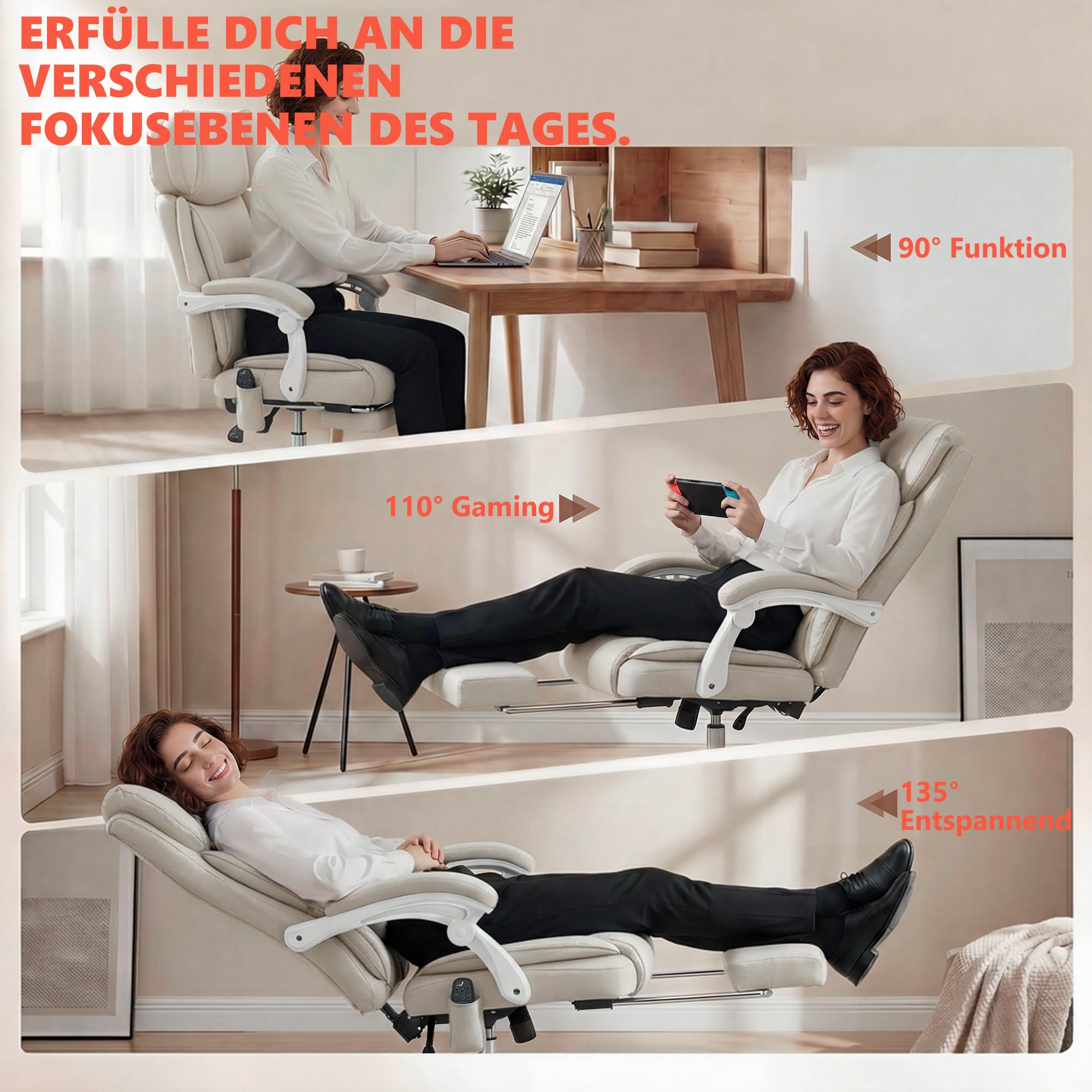 HOMCOM Bürostuhl mit Massagefunktion, Ergonomisch Schreibtischstuhl mit Liege- & Wärmefunktion, Verstellbarer Kopfstütze, Höhenverstellbar Drehstuhl mit Lordosenstütze, Fußstütze Kunstleder Cremeweiß