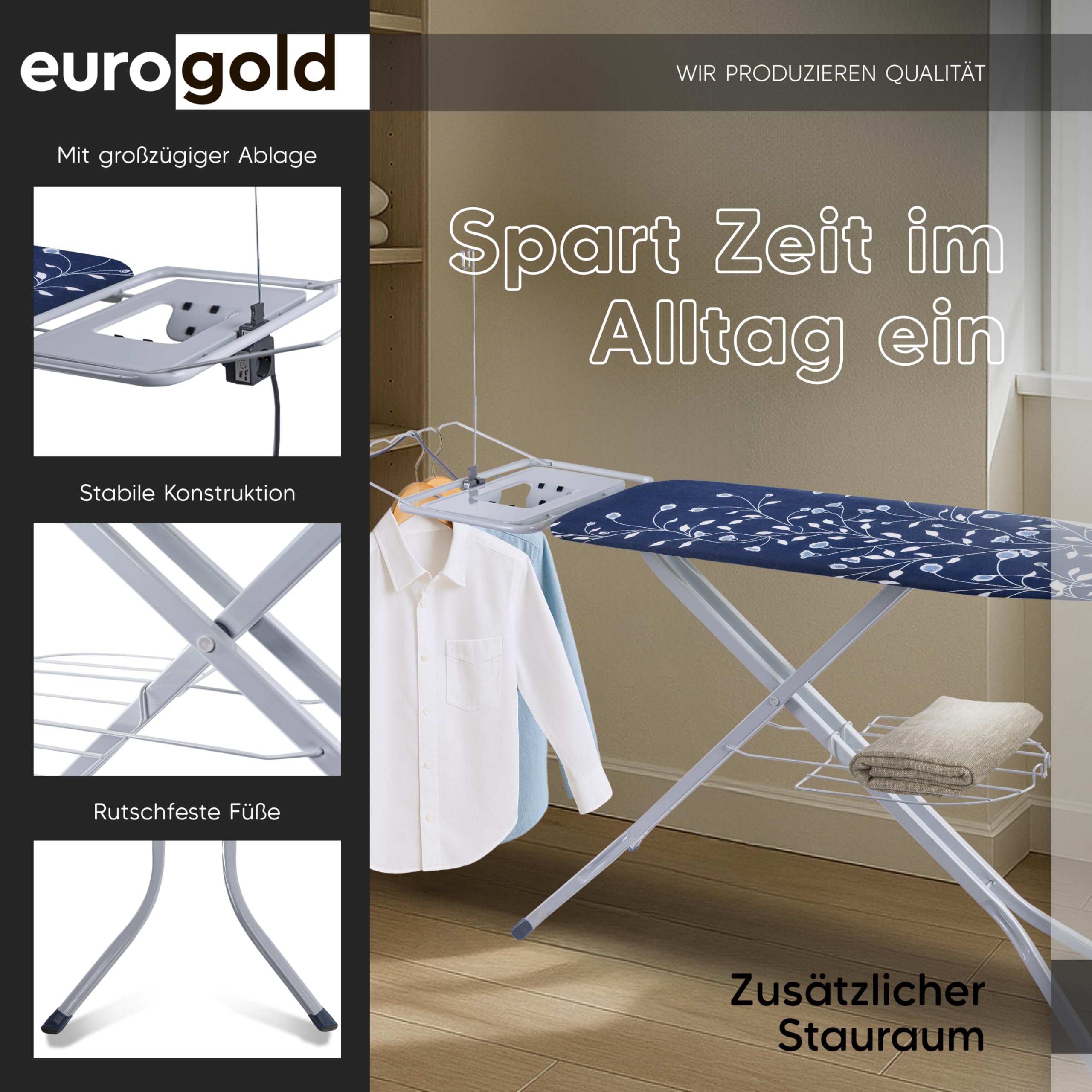 EUROGOLD Bügelbrett für Dampfbügelstation 120x42 cm – XL Bügelbrett breit & stabil, höhenverstellbar, Bügelbrett mit Steckdose, klappbar, Baumwollbezug Oeko-TEX, Bügelstation mit Ablage (Melody)