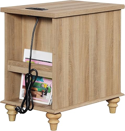 Miniatura 7 de WAMPAT Mesita de noche de roble con estación de carga, mesa auxiliar de granja con patas de madera maciza, mesita de noche de madera con cajón y