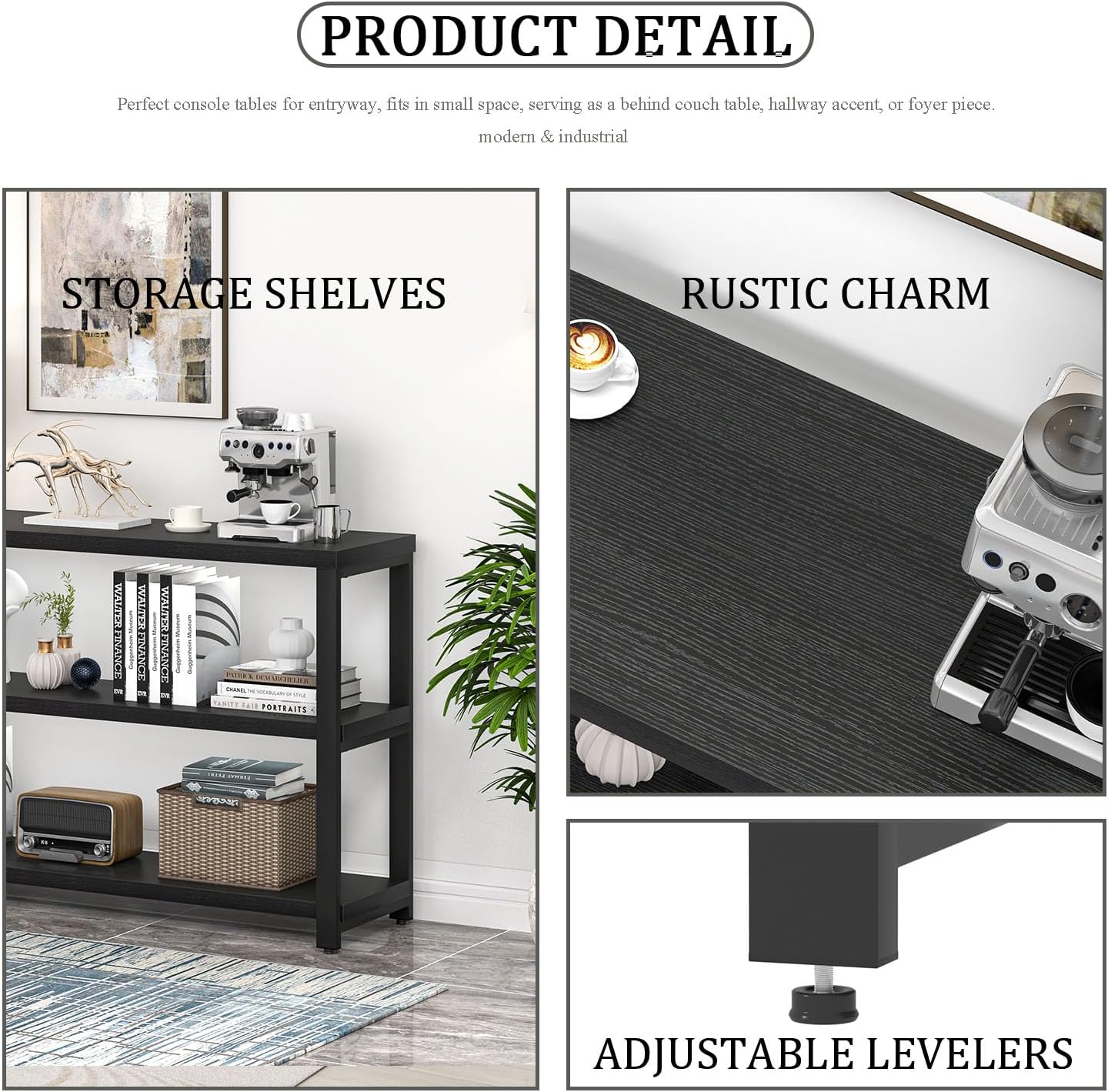 EXCEFUR Industrial Entryway Table, 3 Tier Console Table for Living Room, Wood Sofa Table for Hallway Behind Couch (47 Inch, Modern Black)