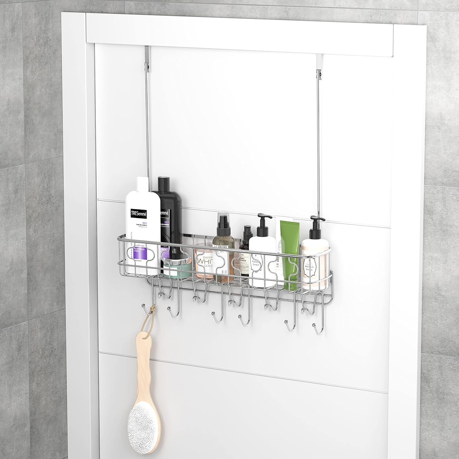 Simple Houseware Over The Door Single Basket Storage Rack, 11 Hooks, Chrome image 3
