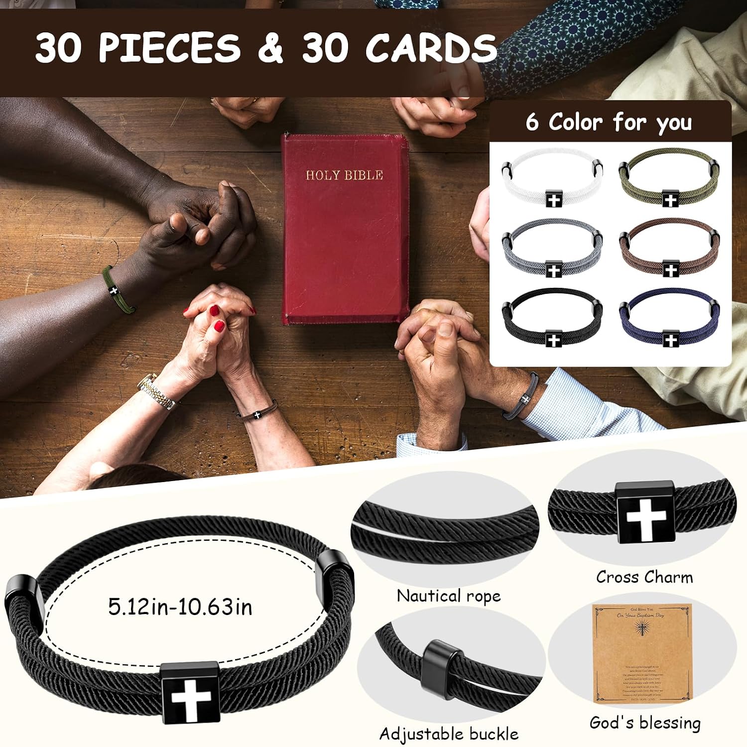 VZZNN Bulk Braided Cross Bracelet Set - 6 Colors, 5 Pcs Each - Adjustable WWJD Jesus Rope Bracelet Religious Gifts for Men & Women, Church Groups, Bible Study, Bulk Christian Wristbands