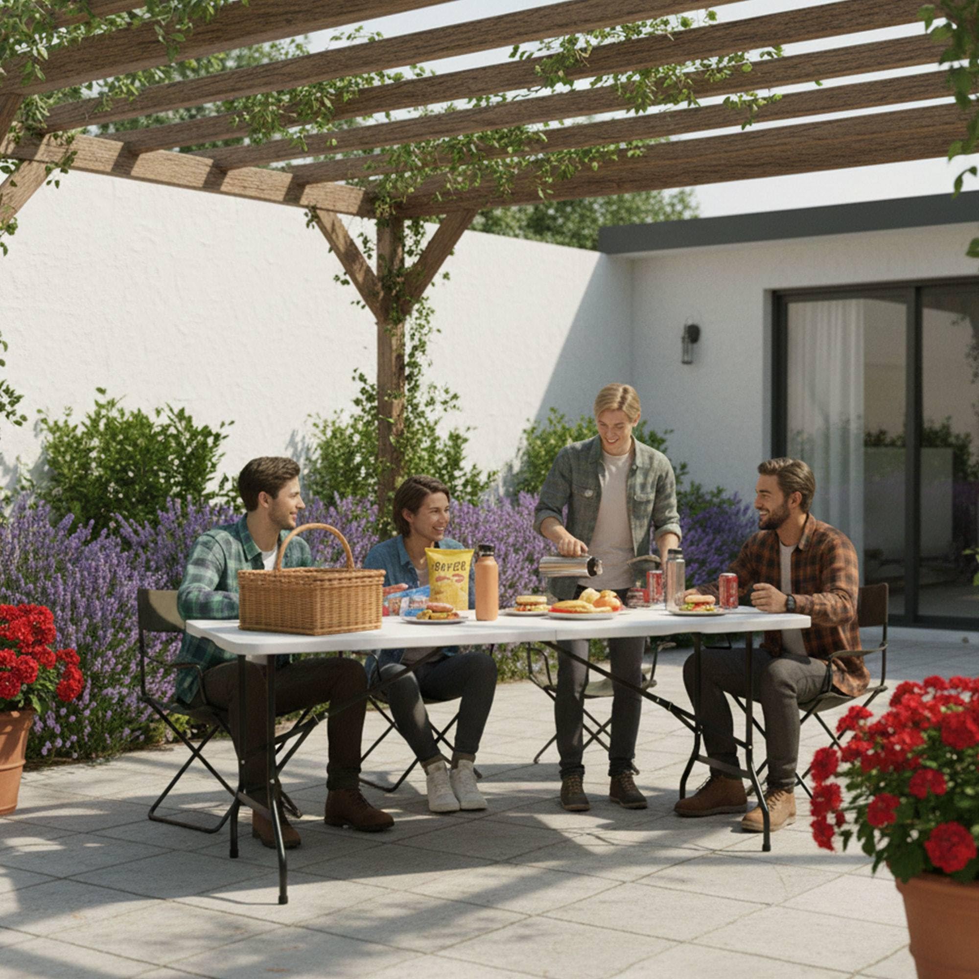 Well Home Mesa Plegable 180x68x74cm PE Blanco, Estructura metálica Negro Mate, Grosor 32mm