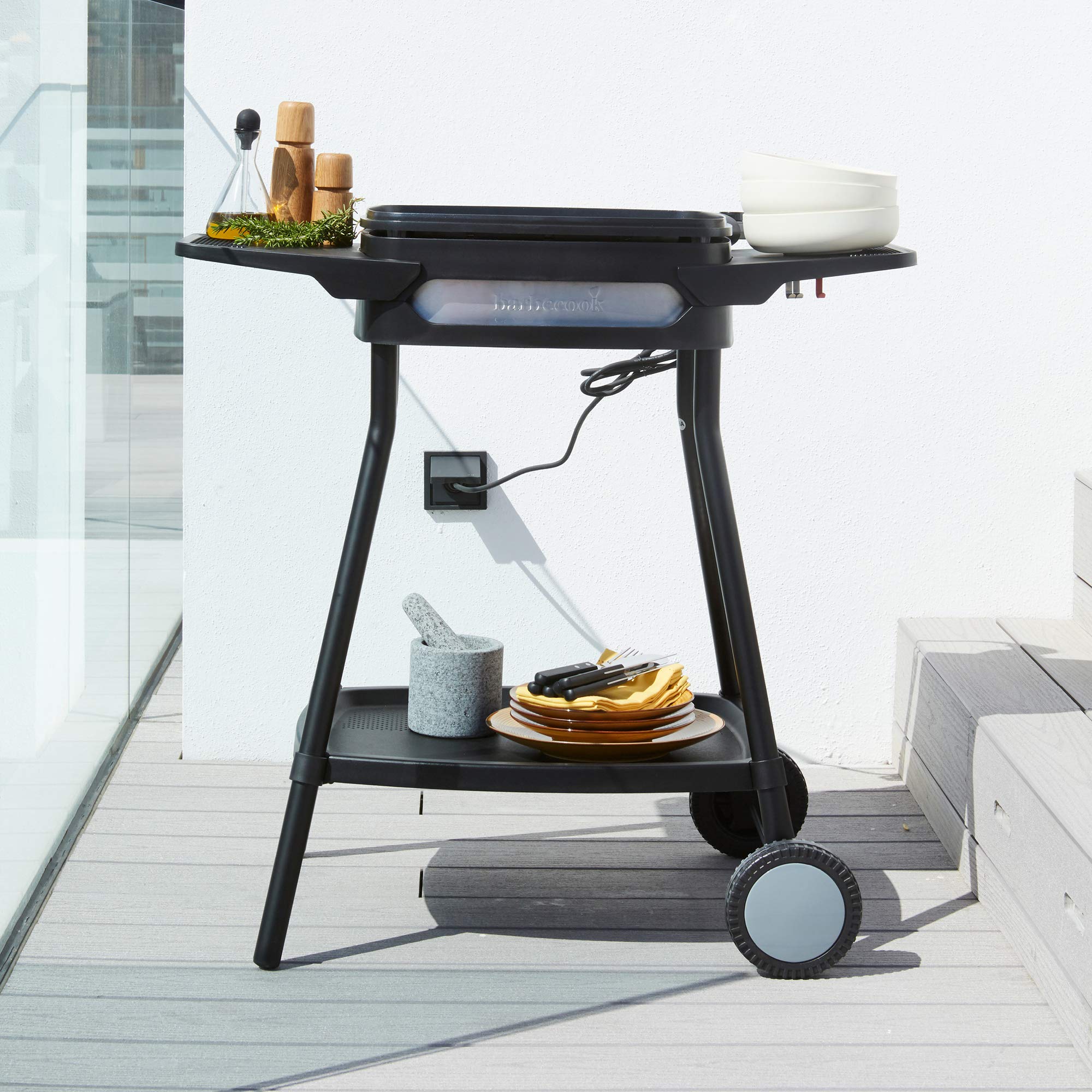 Barbecook barbecue elettrico Alexia 5111 su base con ripiani e rotelle, barbecue da balcone, nero, 84x55x97cm
