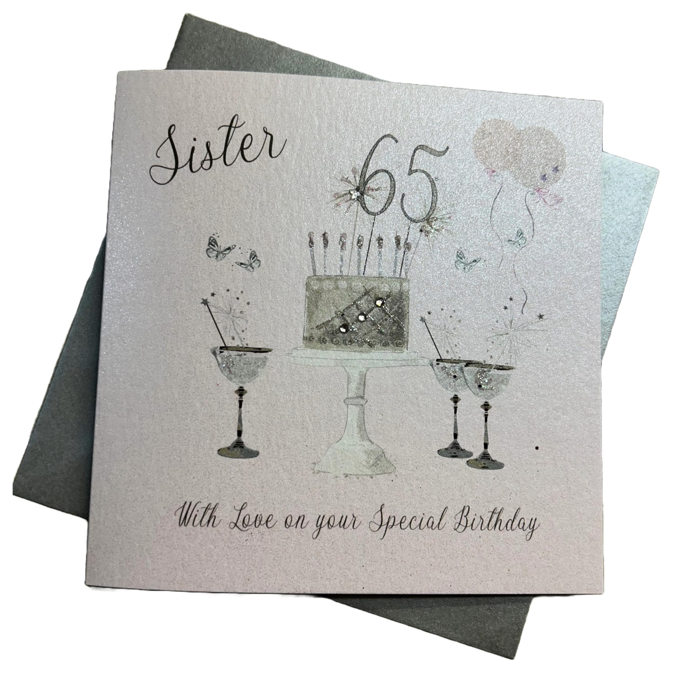 WHITE COTTON CARDS Happy 65th Birthday Card Sister Champagne Glasses Pink & Gold Sparkly Cake SS42-S65