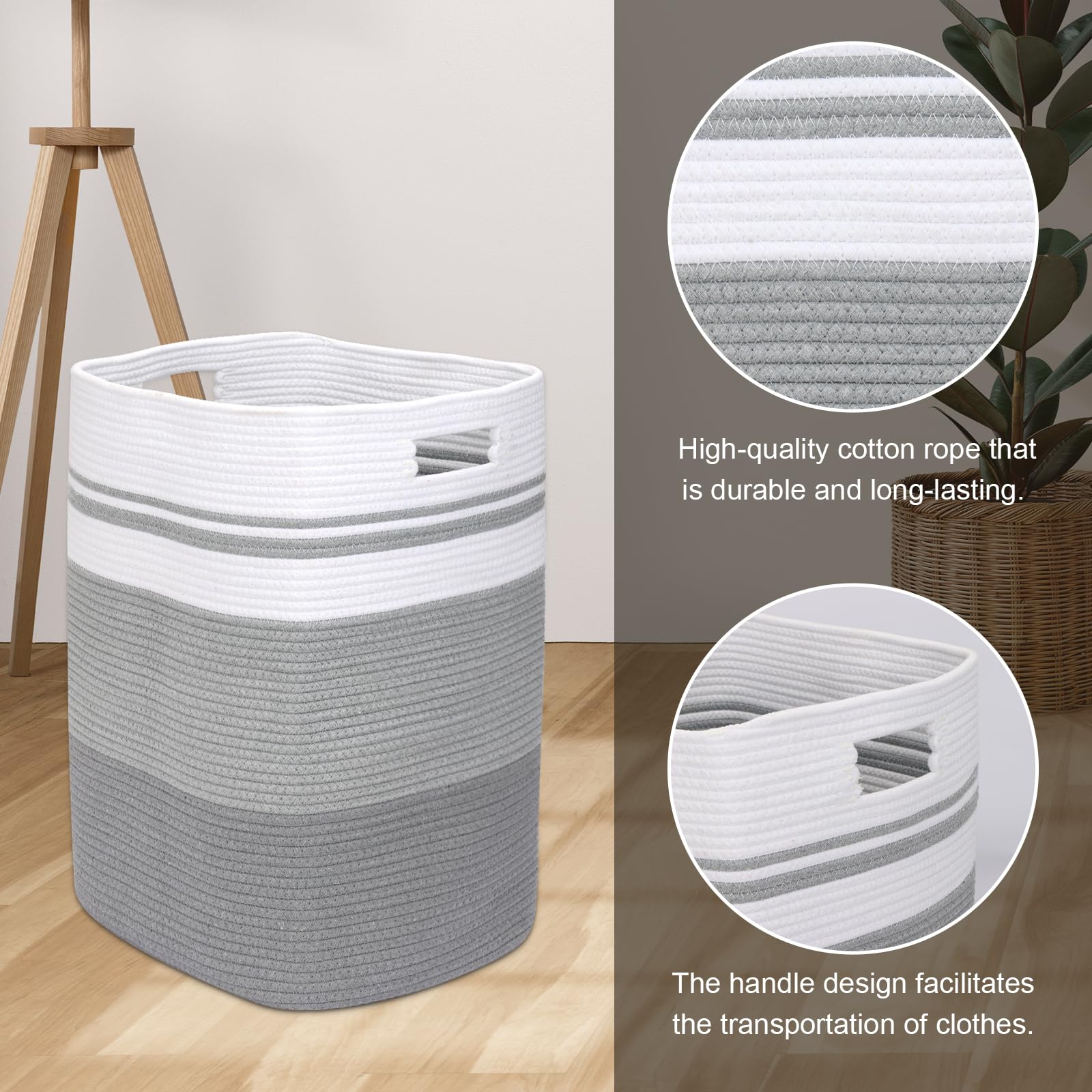 Fixwal Cotton Rope Basket, Gradient Grey, Laundry Basket, Large Hamper, Tall Woven Decorative Storage with Handles, 16 x 13 x 22inches